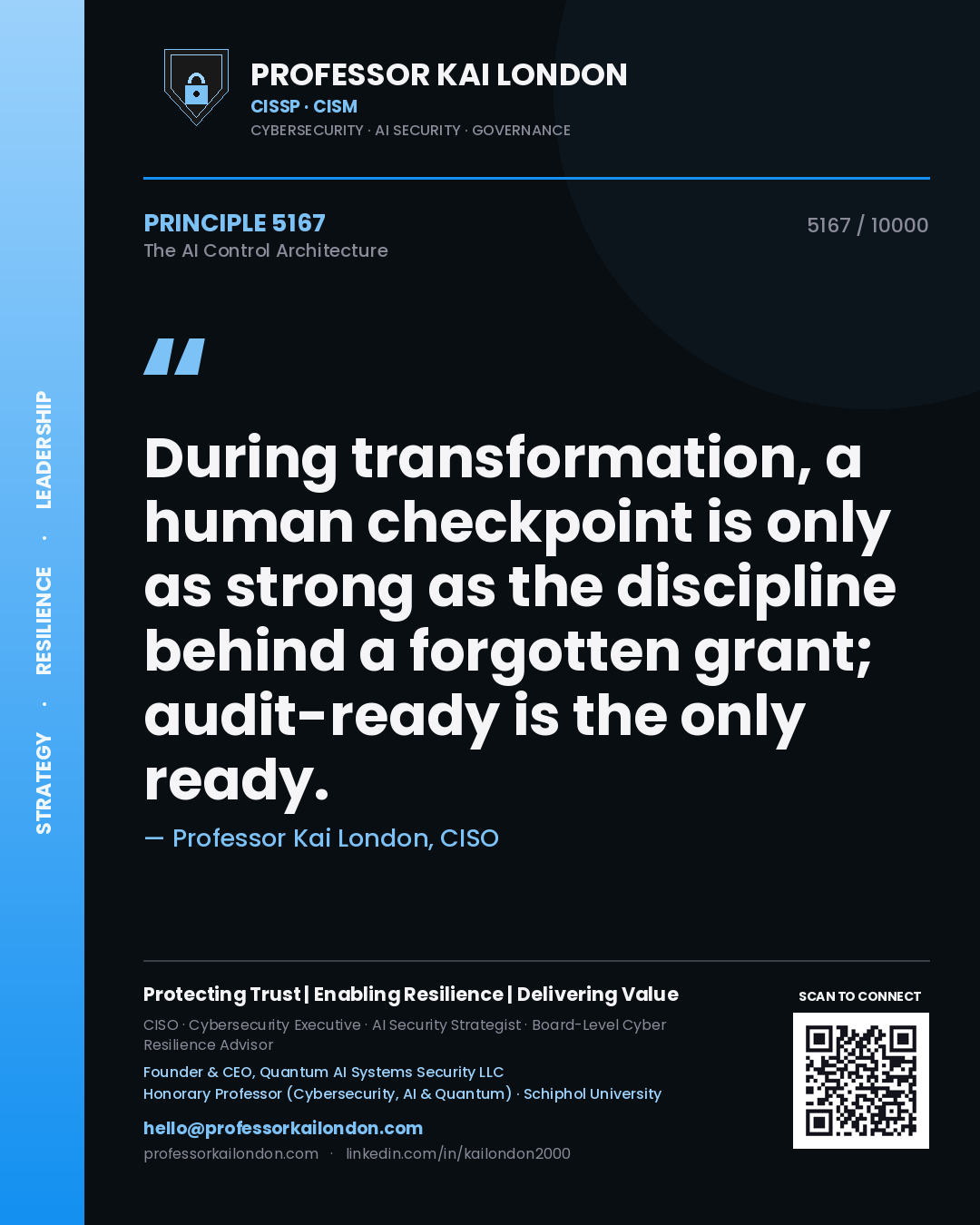 Professor Kai London principle 5167: During transformation, a human checkpoint is only as strong as the discipline behind a forgotten grant; audit-ready is the only ready.
