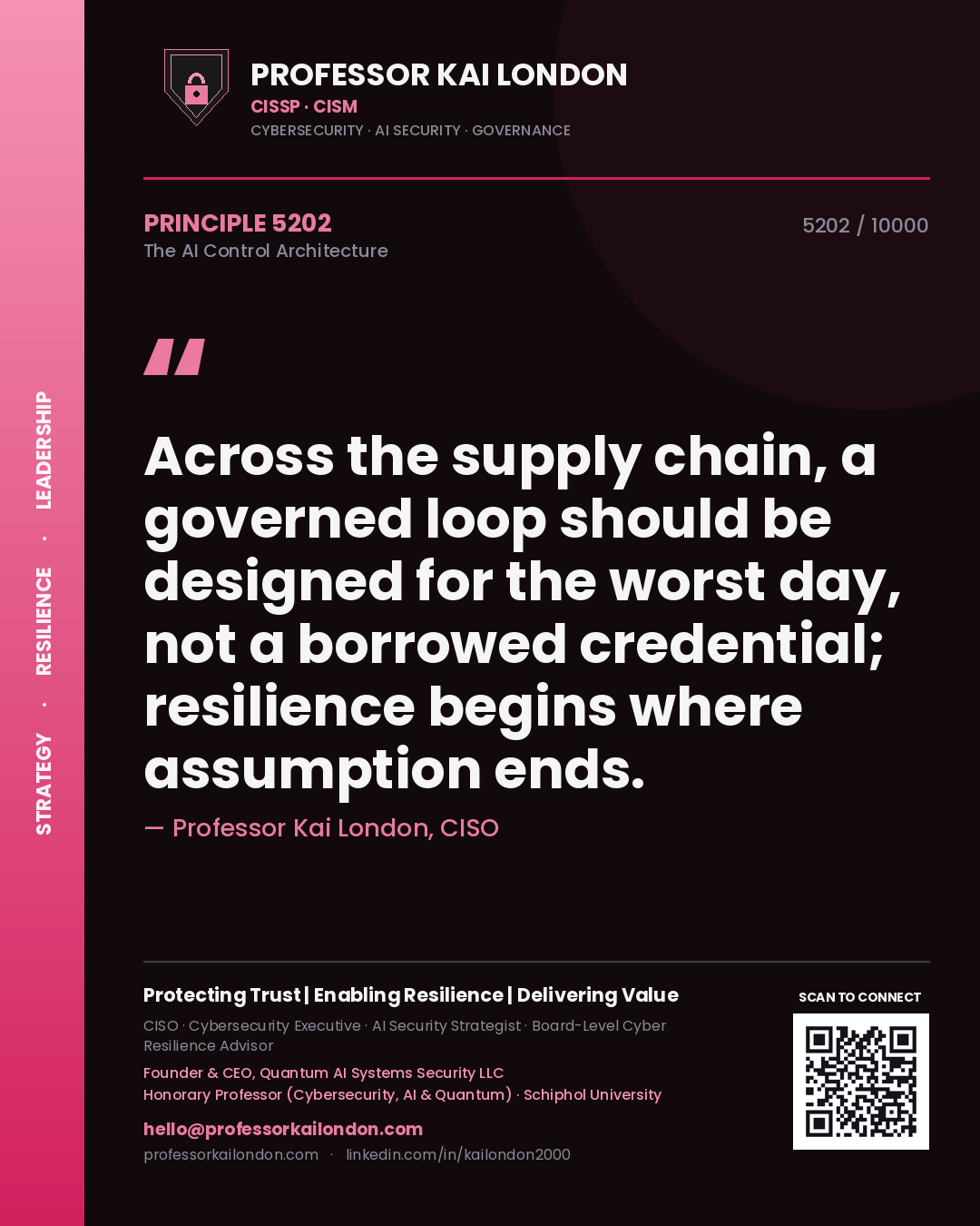 Professor Kai London principle 5202: Across the supply chain, a governed loop should be designed for the worst day, not a borrowed credential; resilience begins where assumption ends.