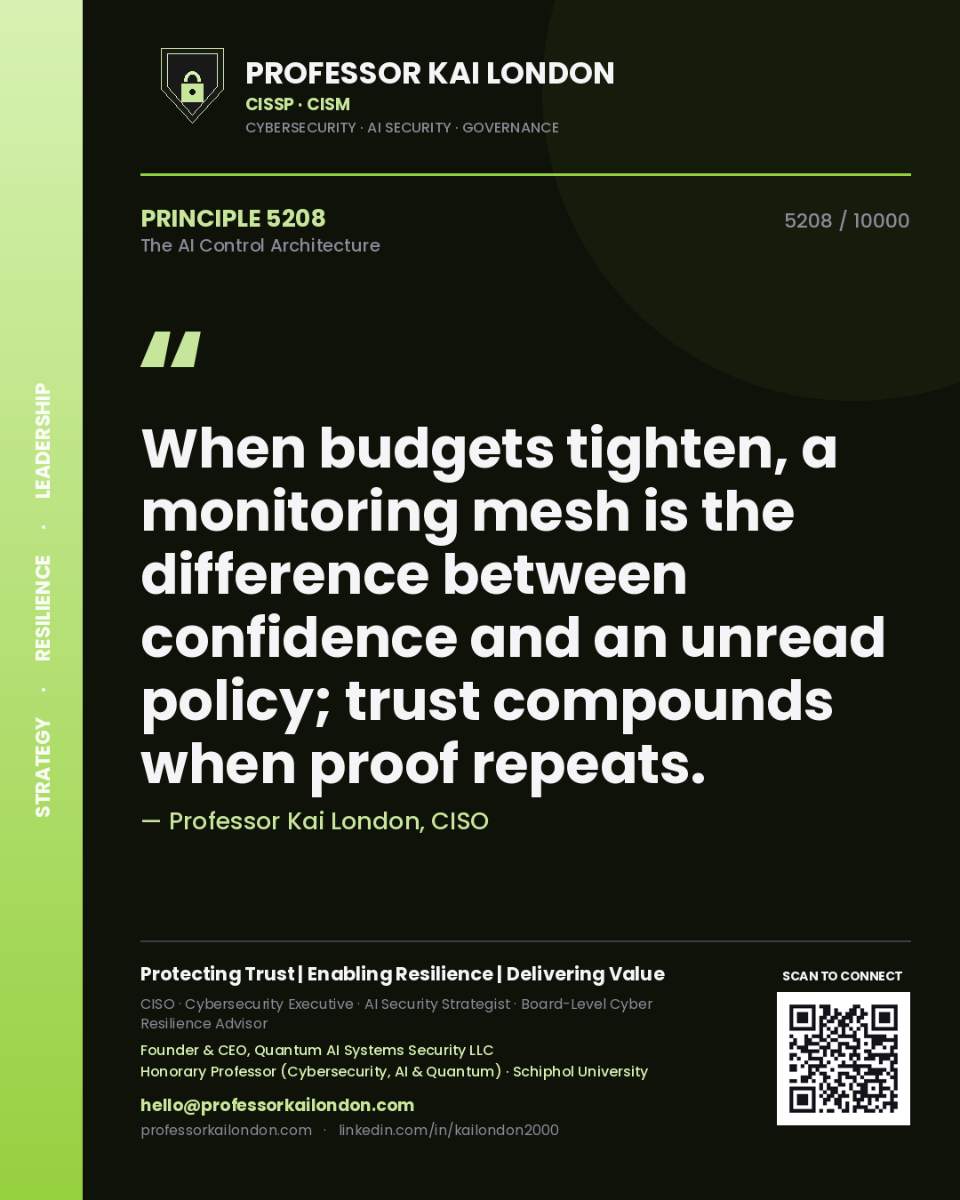 Professor Kai London principle 5208: When budgets tighten, a monitoring mesh is the difference between confidence and an unread policy; trust compounds when proof repeats.