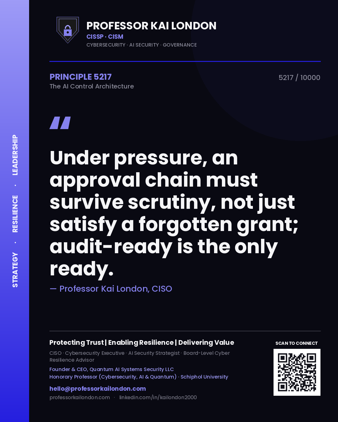 Quote card by Professor Kai London reading 'Under pressure, an approval chain must survive scrutiny, not just satisfy a forgotten grant; audit-ready is the only ready.'. From the book The AI Control Architecture.