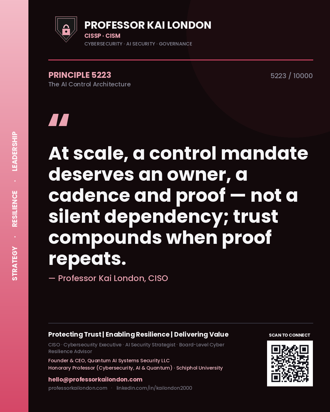 Quote card by Professor Kai London reading 'At scale, a control mandate deserves an owner, a cadence and proof — not a silent dependency; trust compounds when proof repeats.'. From the book The AI Control Architecture.
