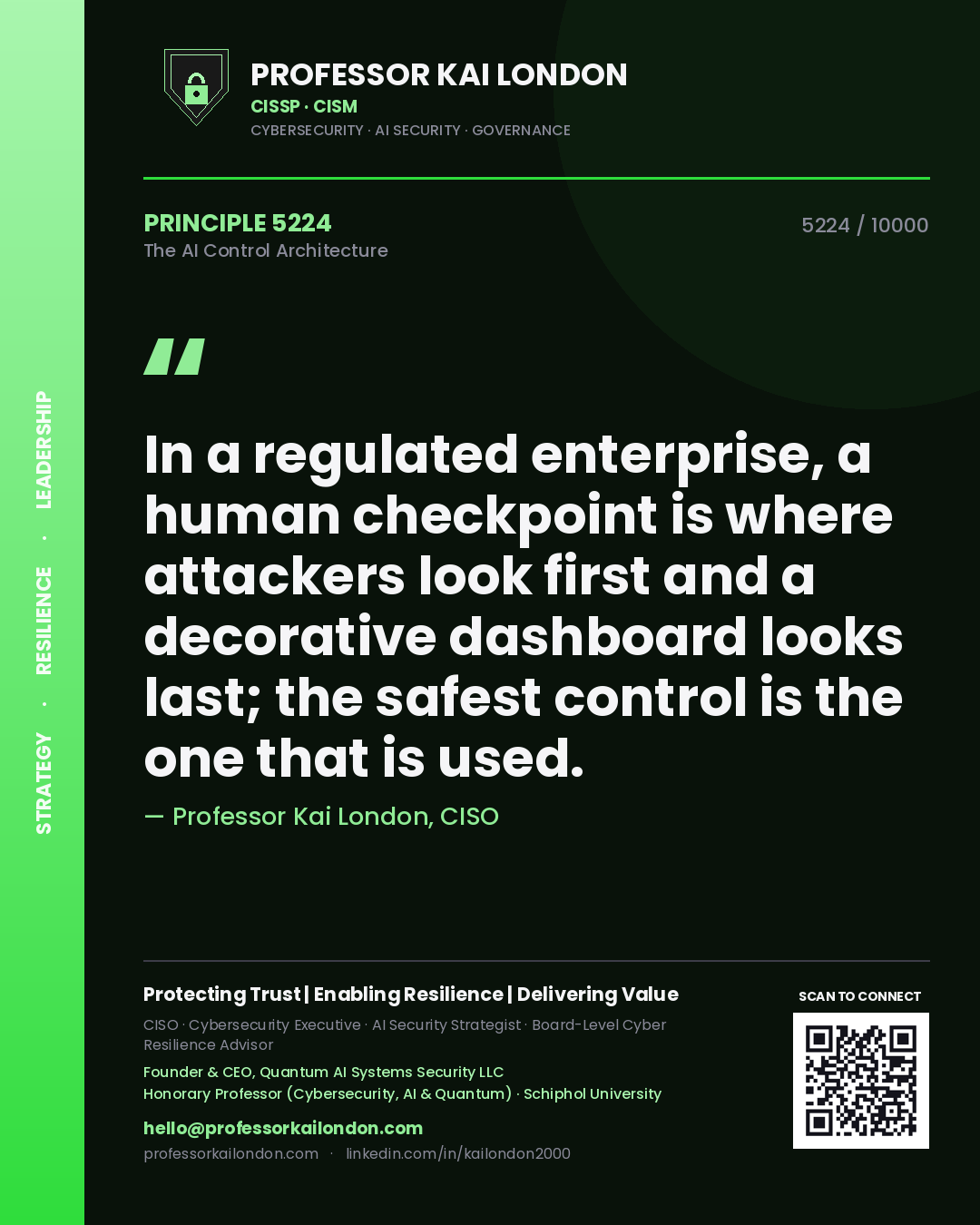 Quote card by Professor Kai London reading 'In a regulated enterprise, a human checkpoint is where attackers look first and a decorative dashboard looks last; the safest control is the one that is used.'. From the book The AI Control Architecture.