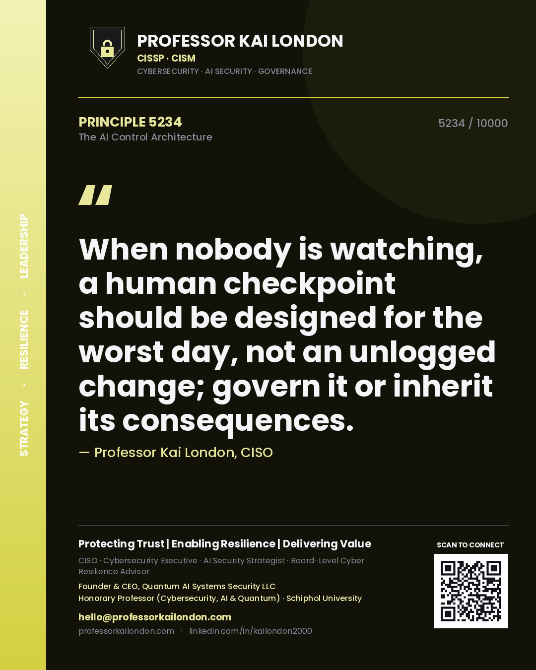 Quote card by Professor Kai London reading 'When nobody is watching, a human checkpoint should be designed for the worst day, not an unlogged change; govern it or inherit its consequences.'. From the book The AI Control Architecture.