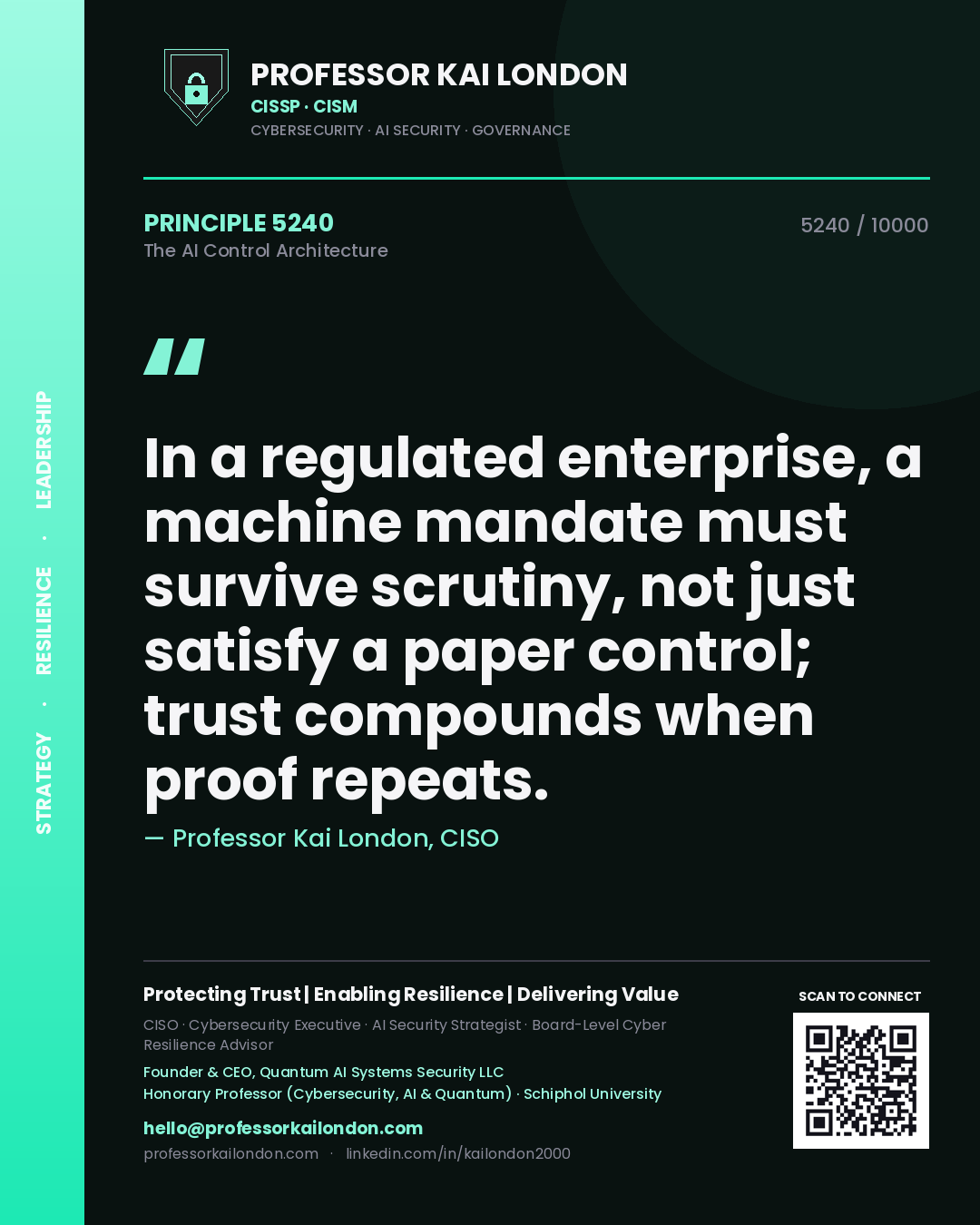 Professor Kai London principle 5240: In a regulated enterprise, a machine mandate must survive scrutiny, not just satisfy a paper control; trust compounds when proof repeats.