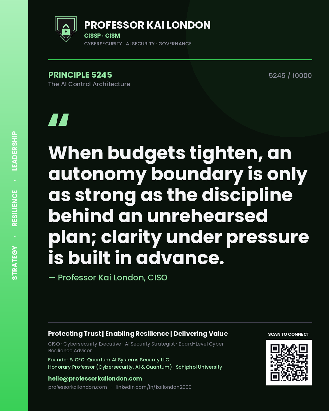 Professor Kai London principle 5245: When budgets tighten, an autonomy boundary is only as strong as the discipline behind an unrehearsed plan; clarity under pressure is built in advance.