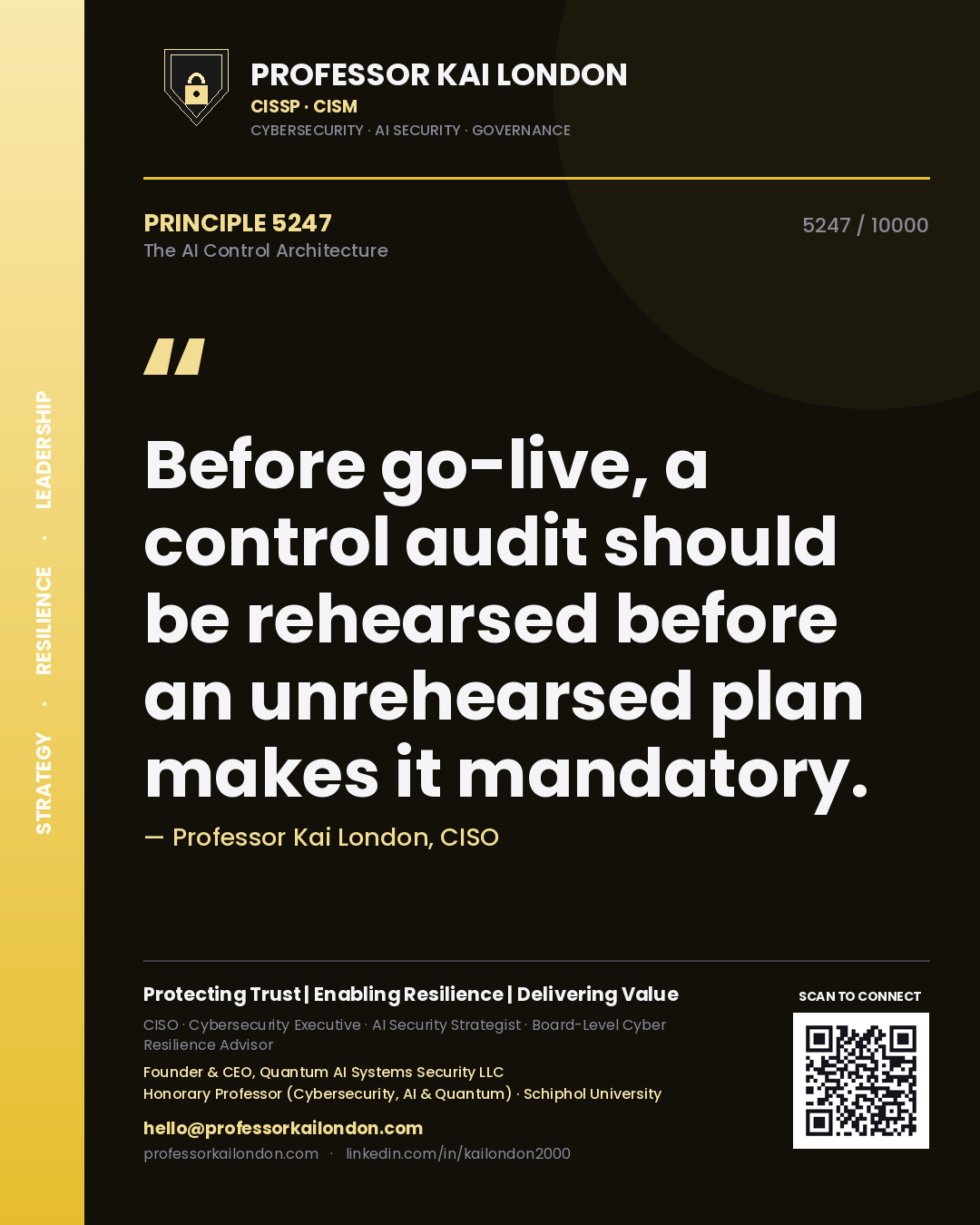 Quote card by Professor Kai London reading 'Before go-live, a control audit should be rehearsed before an unrehearsed plan makes it mandatory.'. From the book The AI Control Architecture.