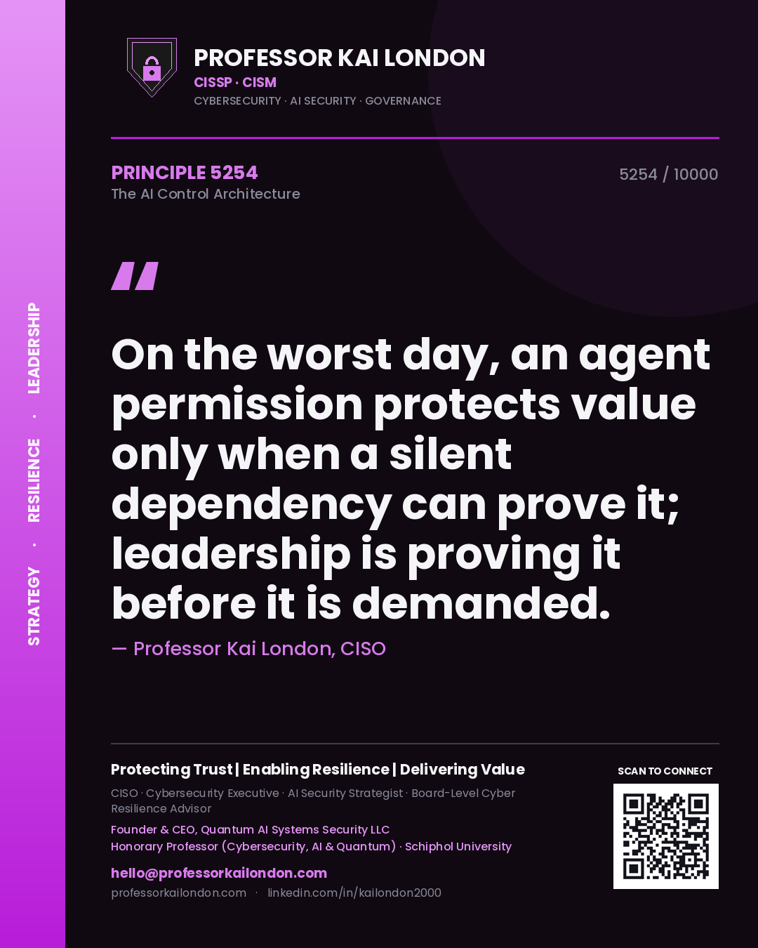 Professor Kai London principle 5254: On the worst day, an agent permission protects value only when a silent dependency can prove it; leadership is proving it before it is demanded.