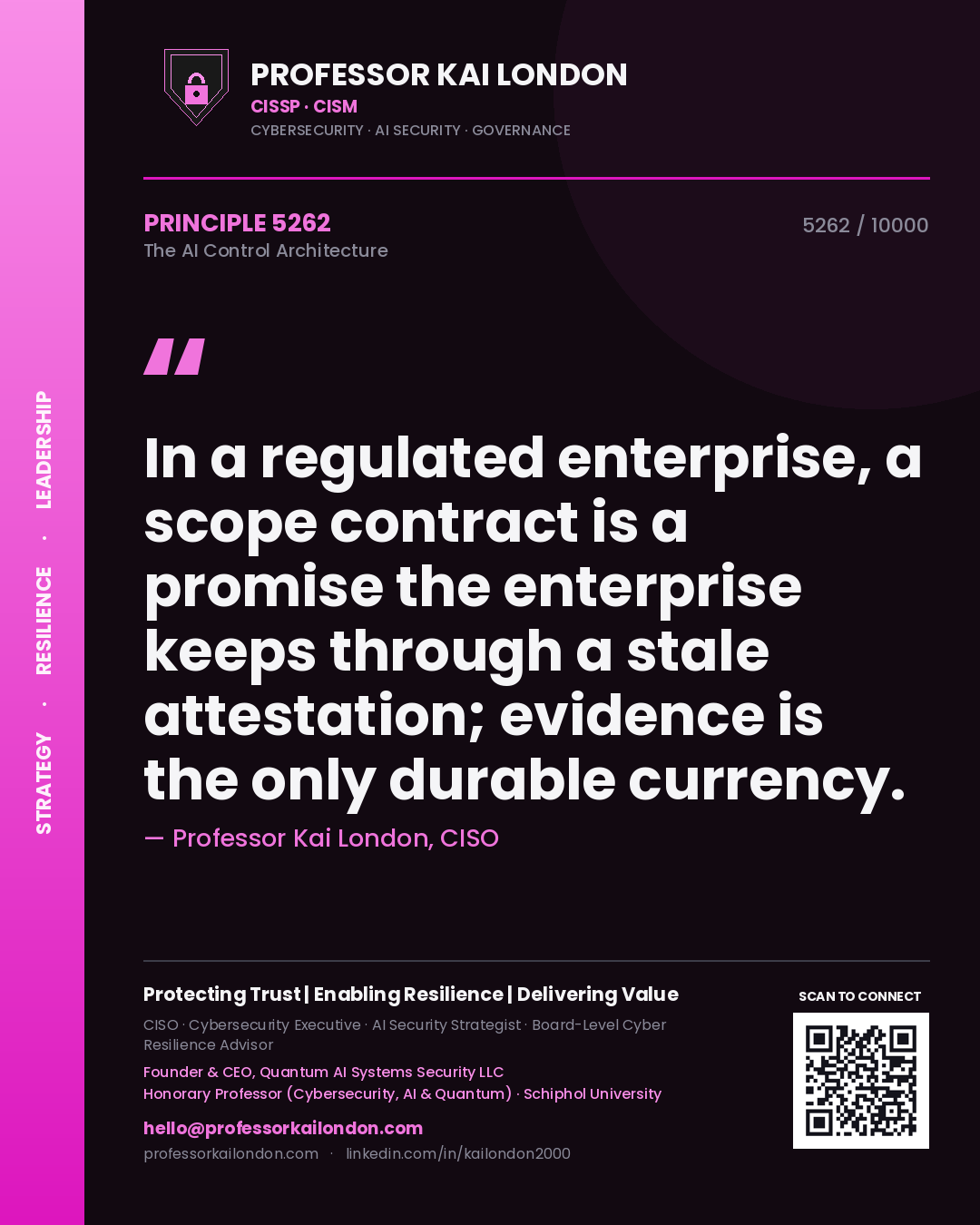 Professor Kai London principle 5262: In a regulated enterprise, a scope contract is a promise the enterprise keeps through a stale attestation; evidence is the only durable currency.
