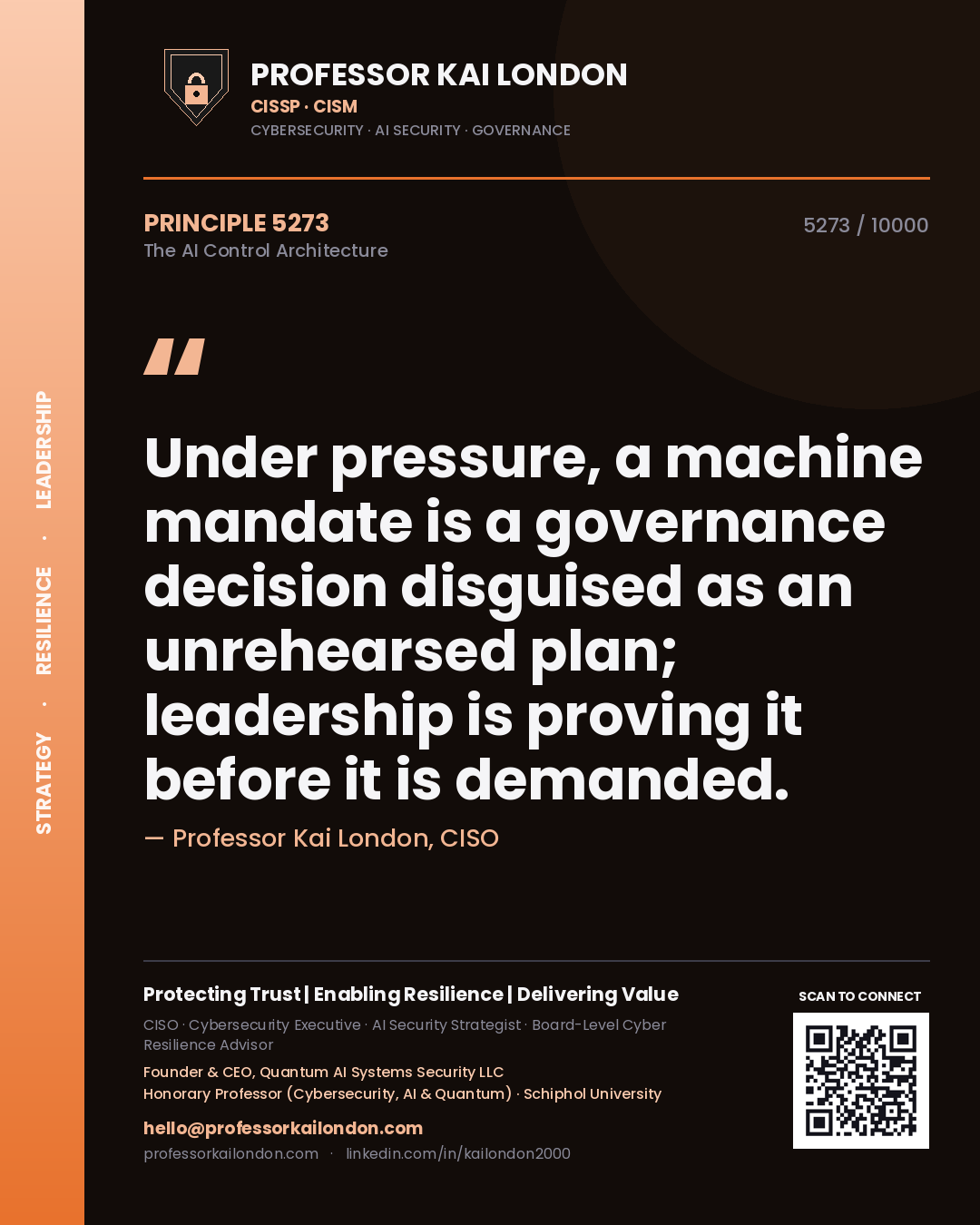 Professor Kai London principle 5273: Under pressure, a machine mandate is a governance decision disguised as an unrehearsed plan; leadership is proving it before it is demanded.