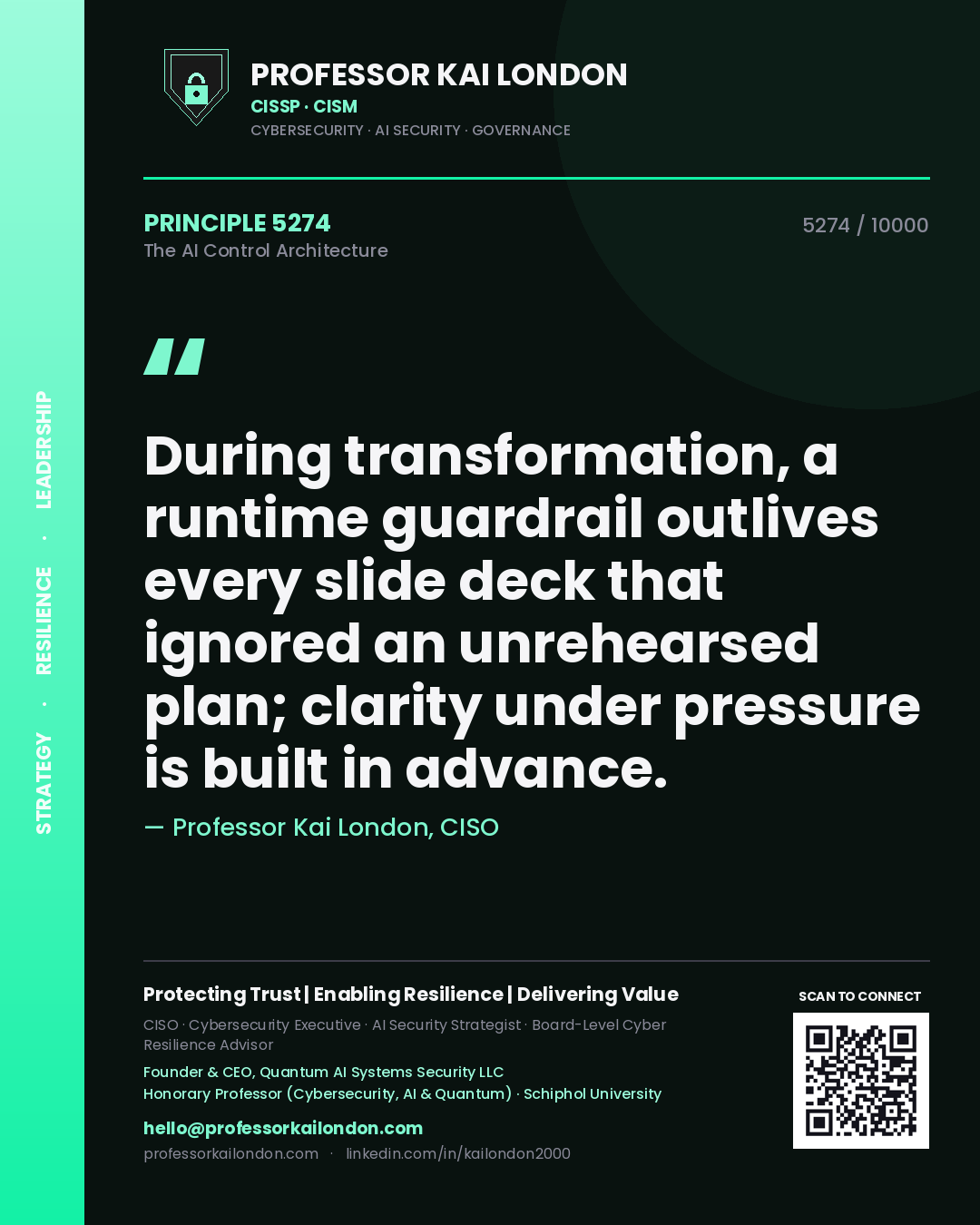Quote card by Professor Kai London reading 'During transformation, a runtime guardrail outlives every slide deck that ignored an unrehearsed plan; clarity under pressure is built in advance.'. From the book The AI Control Architecture.