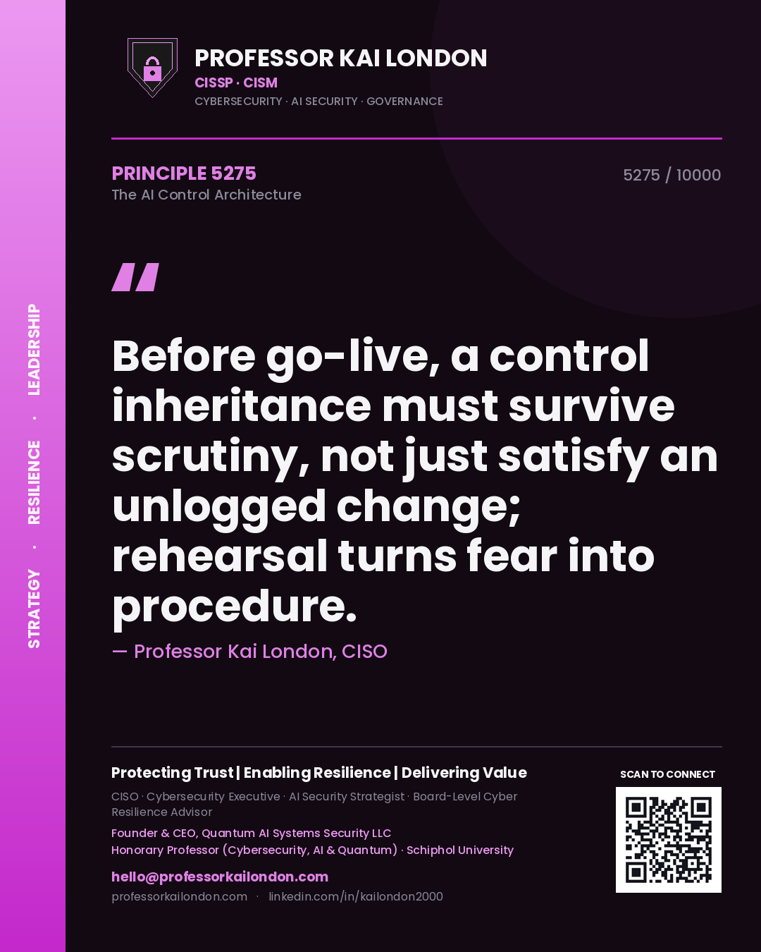 Professor Kai London principle 5275: Before go-live, a control inheritance must survive scrutiny, not just satisfy an unlogged change; rehearsal turns fear into procedure.