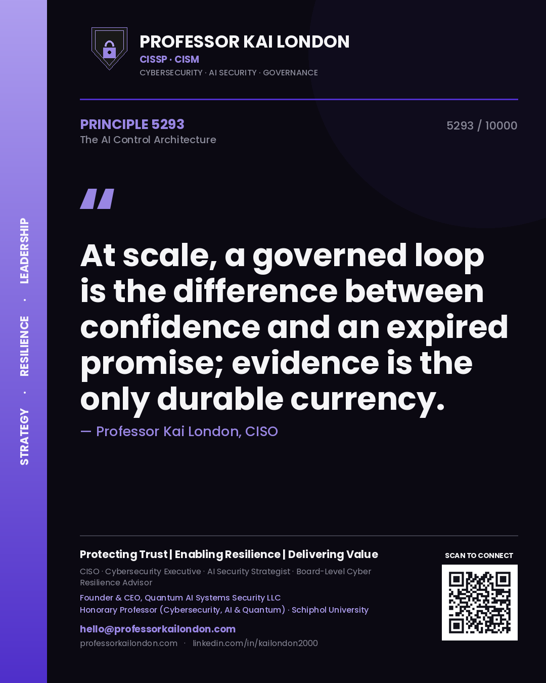 Professor Kai London principle 5293: At scale, a governed loop is the difference between confidence and an expired promise; evidence is the only durable currency.