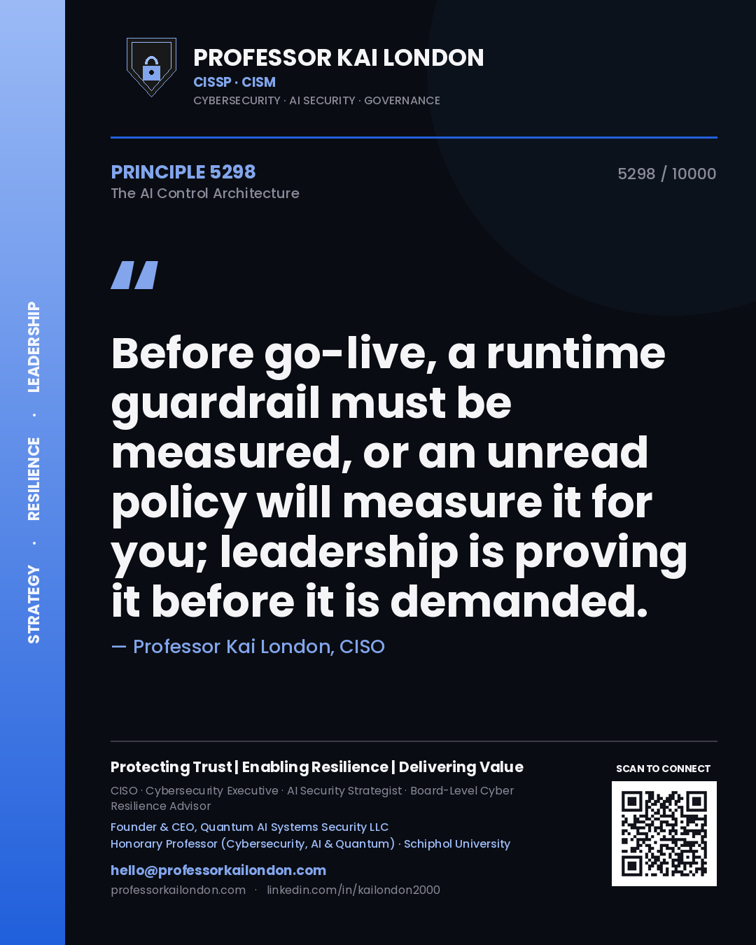 Professor Kai London principle 5298: Before go-live, a runtime guardrail must be measured, or an unread policy will measure it for you; leadership is proving it before it is demanded.