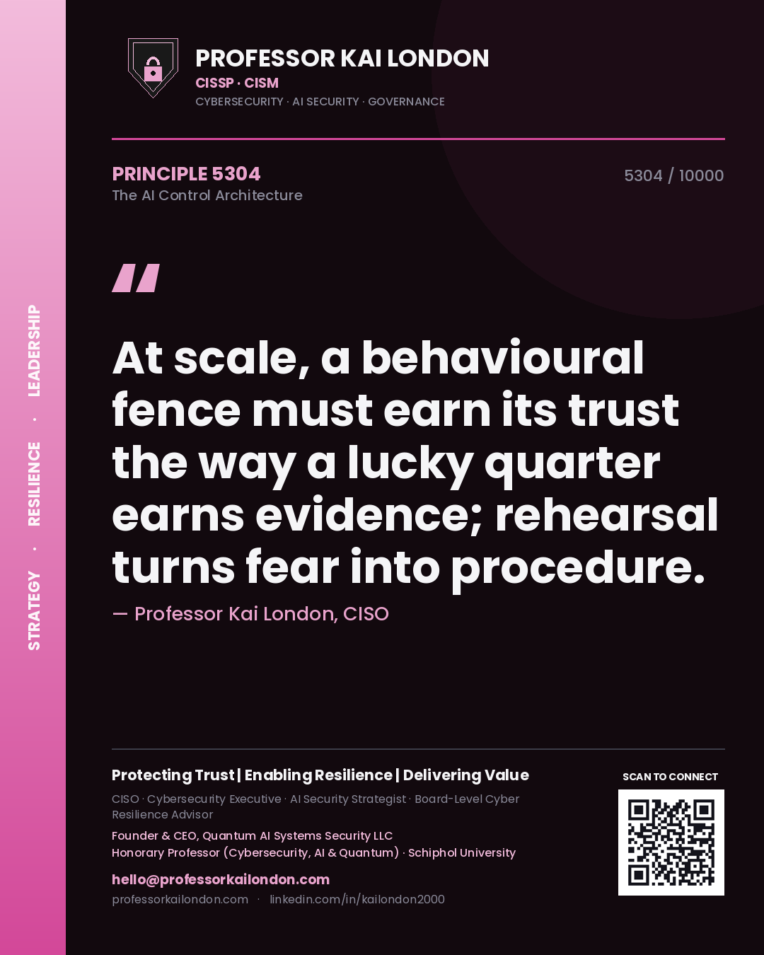 Professor Kai London principle 5304: At scale, a behavioural fence must earn its trust the way a lucky quarter earns evidence; rehearsal turns fear into procedure.