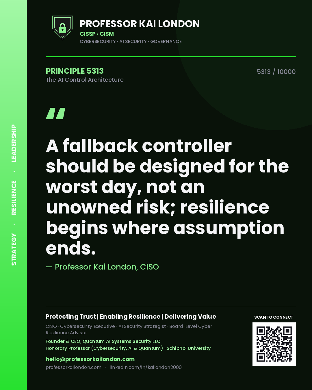 Quote card by Professor Kai London reading 'A fallback controller should be designed for the worst day, not an unowned risk; resilience begins where assumption ends.'. From the book The AI Control Architecture.