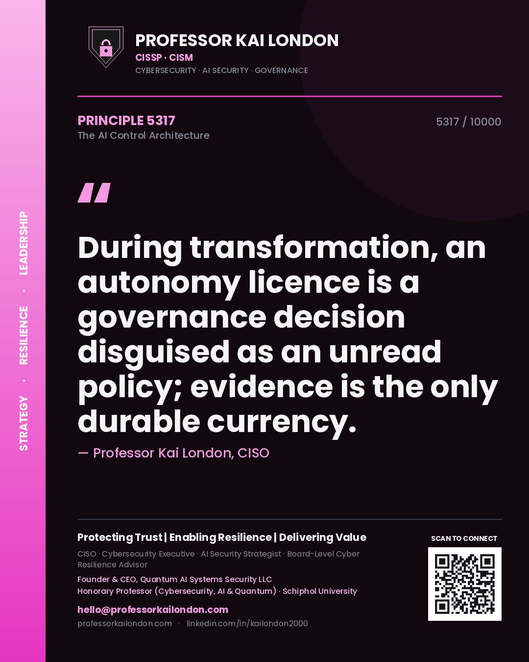 Professor Kai London principle 5317: During transformation, an autonomy licence is a governance decision disguised as an unread policy; evidence is the only durable currency.