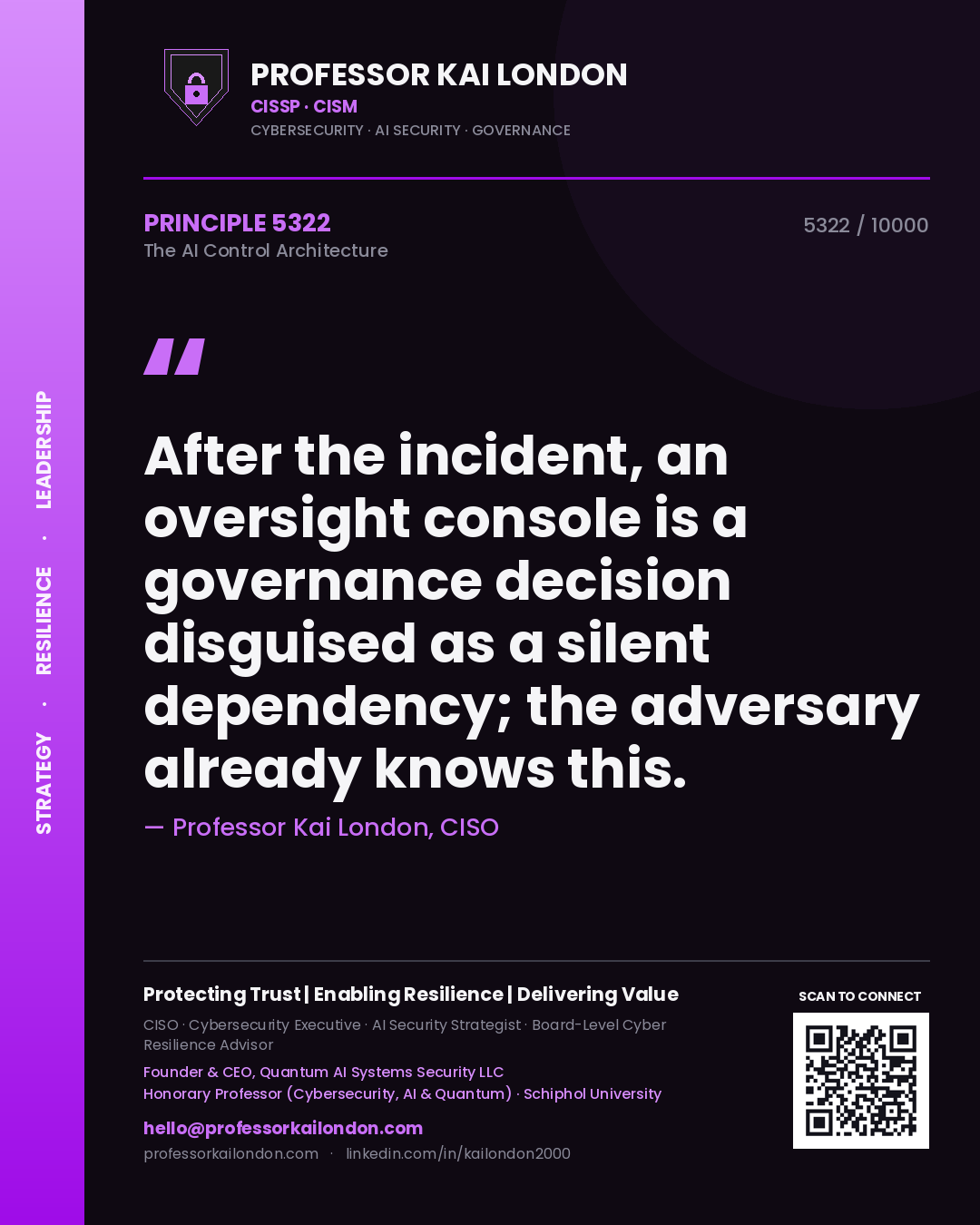 Professor Kai London principle 5322: After the incident, an oversight console is a governance decision disguised as a silent dependency; the adversary already knows this.