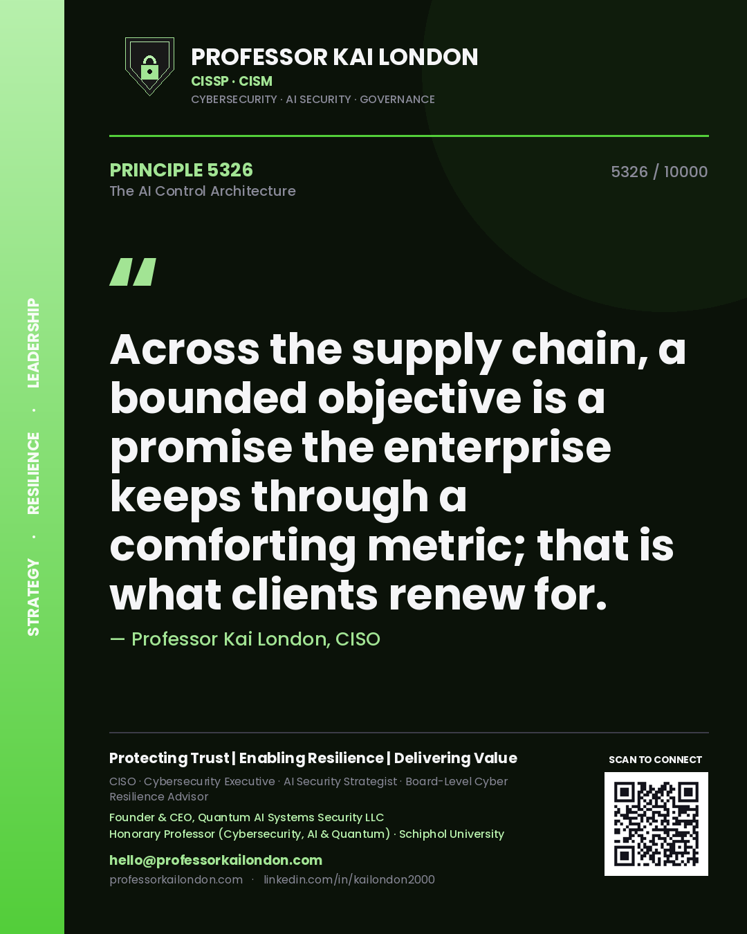 Professor Kai London principle 5326: Across the supply chain, a bounded objective is a promise the enterprise keeps through a comforting metric; that is what clients renew for.