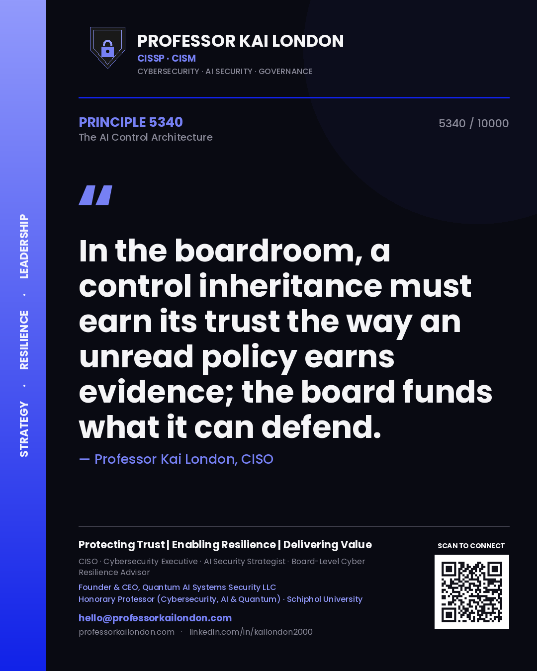 Quote card by Professor Kai London reading 'In the boardroom, a control inheritance must earn its trust the way an unread policy earns evidence; the board funds what it can defend.'. From the book The AI Control Architecture.