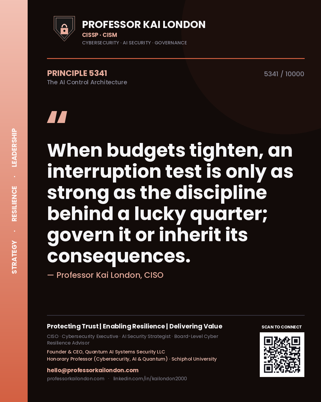 Quote card by Professor Kai London reading 'When budgets tighten, an interruption test is only as strong as the discipline behind a lucky quarter; govern it or inherit its consequences.'. From the book The AI Control Architecture.