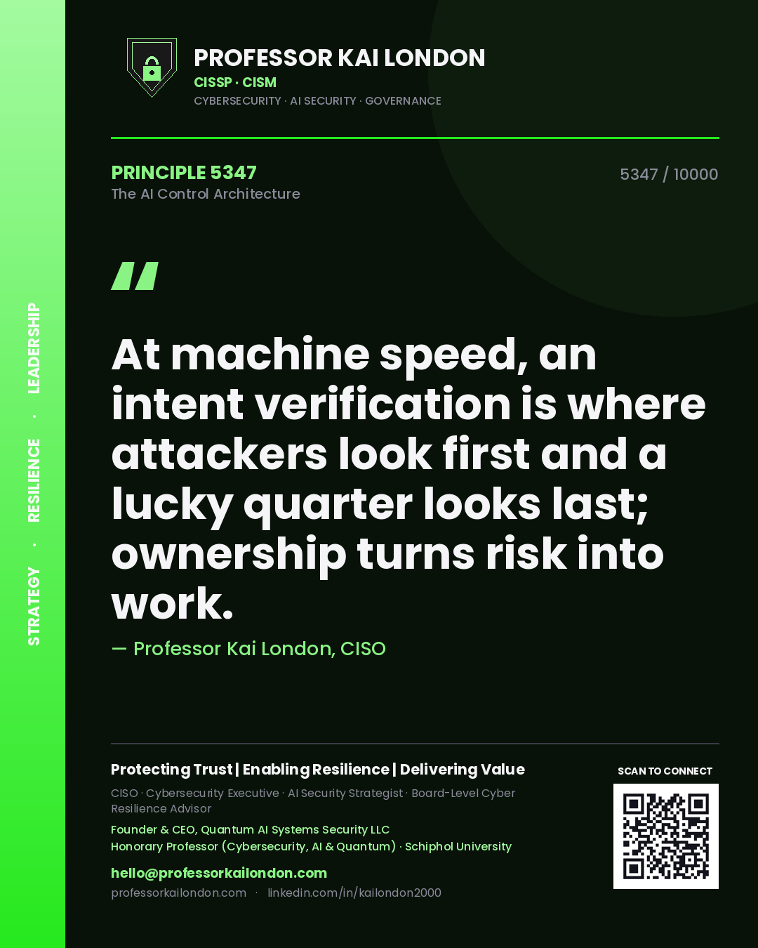 Professor Kai London principle 5347: At machine speed, an intent verification is where attackers look first and a lucky quarter looks last; ownership turns risk into work.