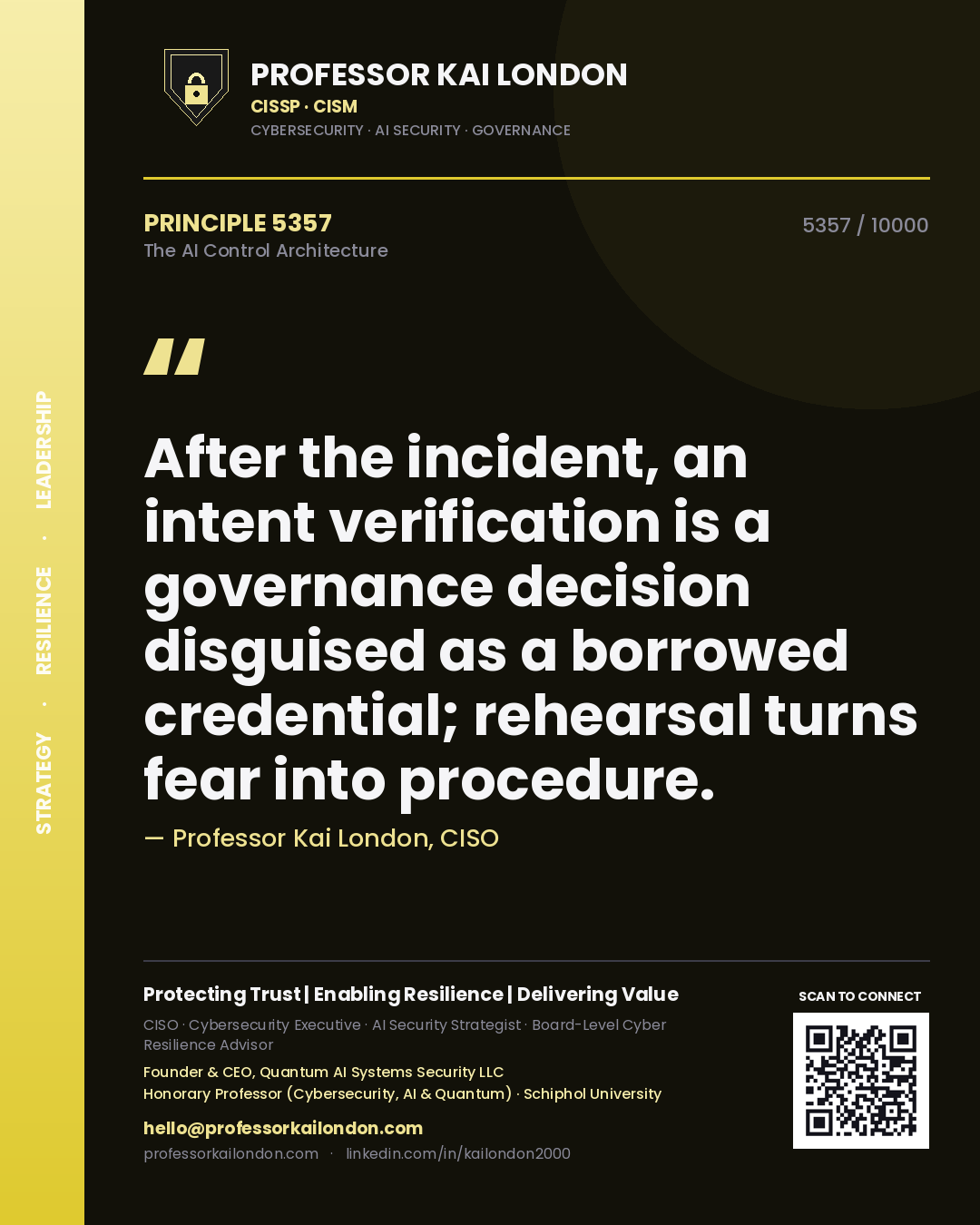 Professor Kai London principle 5357: After the incident, an intent verification is a governance decision disguised as a borrowed credential; rehearsal turns fear into procedure.