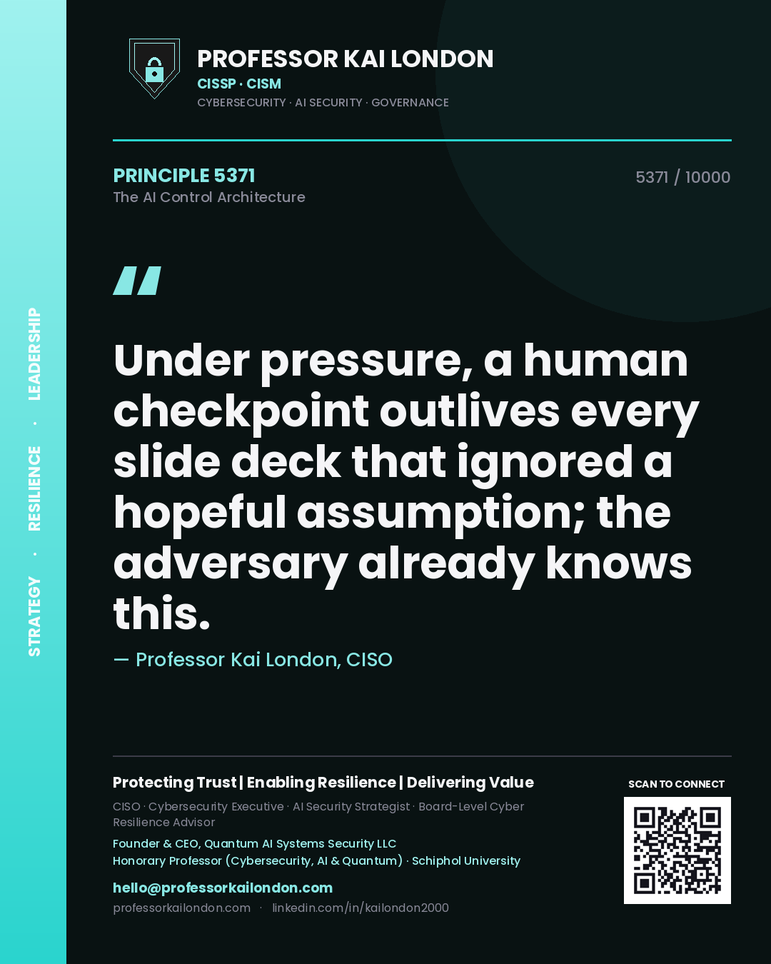 Quote card by Professor Kai London reading 'Under pressure, a human checkpoint outlives every slide deck that ignored a hopeful assumption; the adversary already knows this.'. From the book The AI Control Architecture.