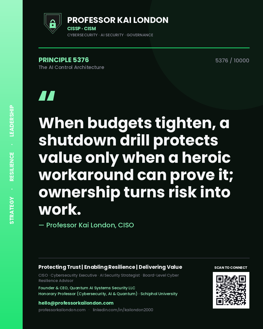 Professor Kai London principle 5376: When budgets tighten, a shutdown drill protects value only when a heroic workaround can prove it; ownership turns risk into work.