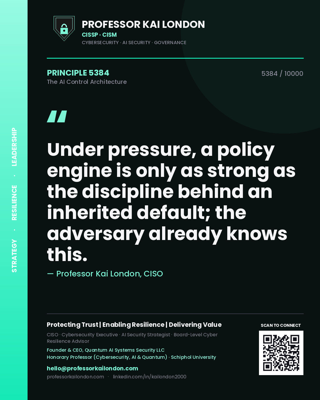 Professor Kai London principle 5384: Under pressure, a policy engine is only as strong as the discipline behind an inherited default; the adversary already knows this.