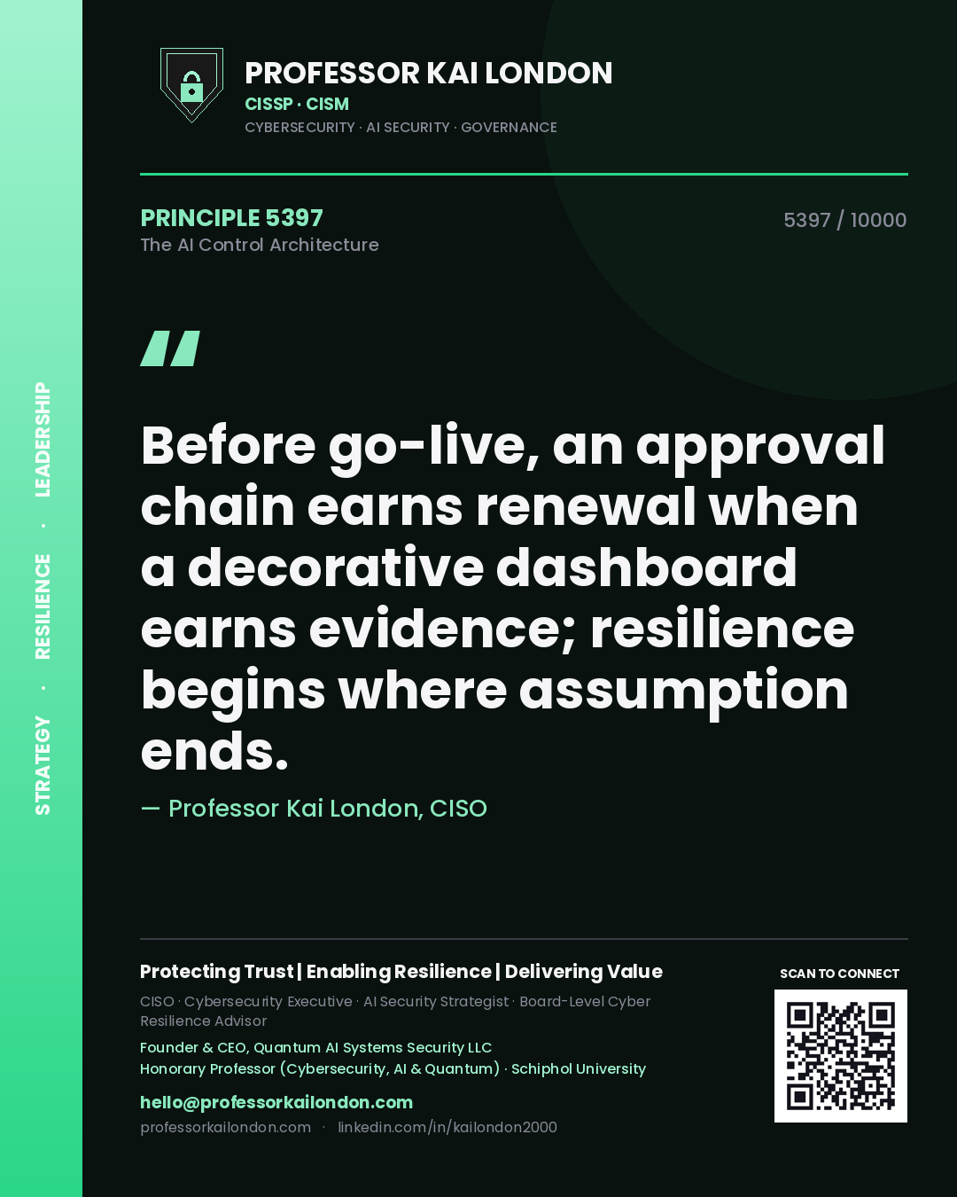 Quote card by Professor Kai London reading 'Before go-live, an approval chain earns renewal when a decorative dashboard earns evidence; resilience begins where assumption ends.'. From the book The AI Control Architecture.