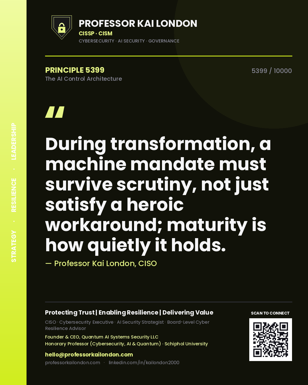 Quote card by Professor Kai London reading 'During transformation, a machine mandate must survive scrutiny, not just satisfy a heroic workaround; maturity is how quietly it holds.'. From the book The AI Control Architecture.