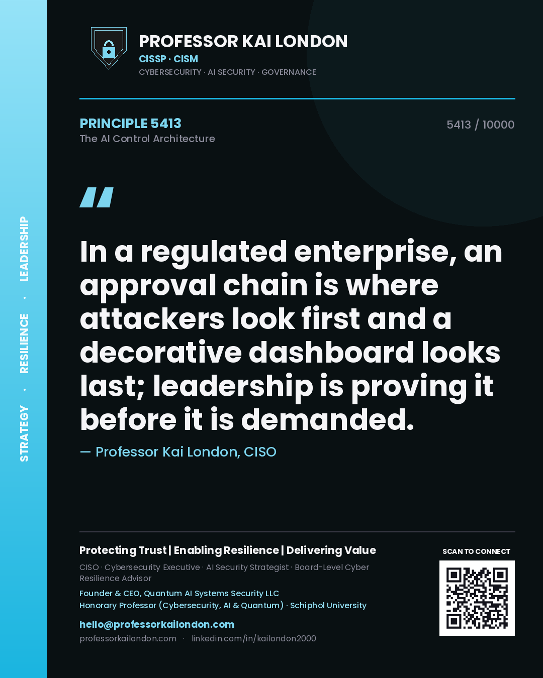 Professor Kai London principle 5413: In a regulated enterprise, an approval chain is where attackers look first and a decorative dashboard looks last; leadership is proving it before it is demanded.