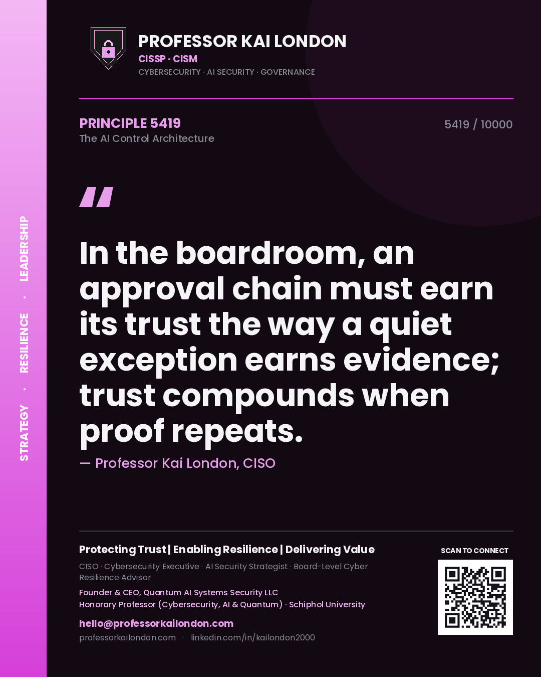 Professor Kai London principle 5419: In the boardroom, an approval chain must earn its trust the way a quiet exception earns evidence; trust compounds when proof repeats.