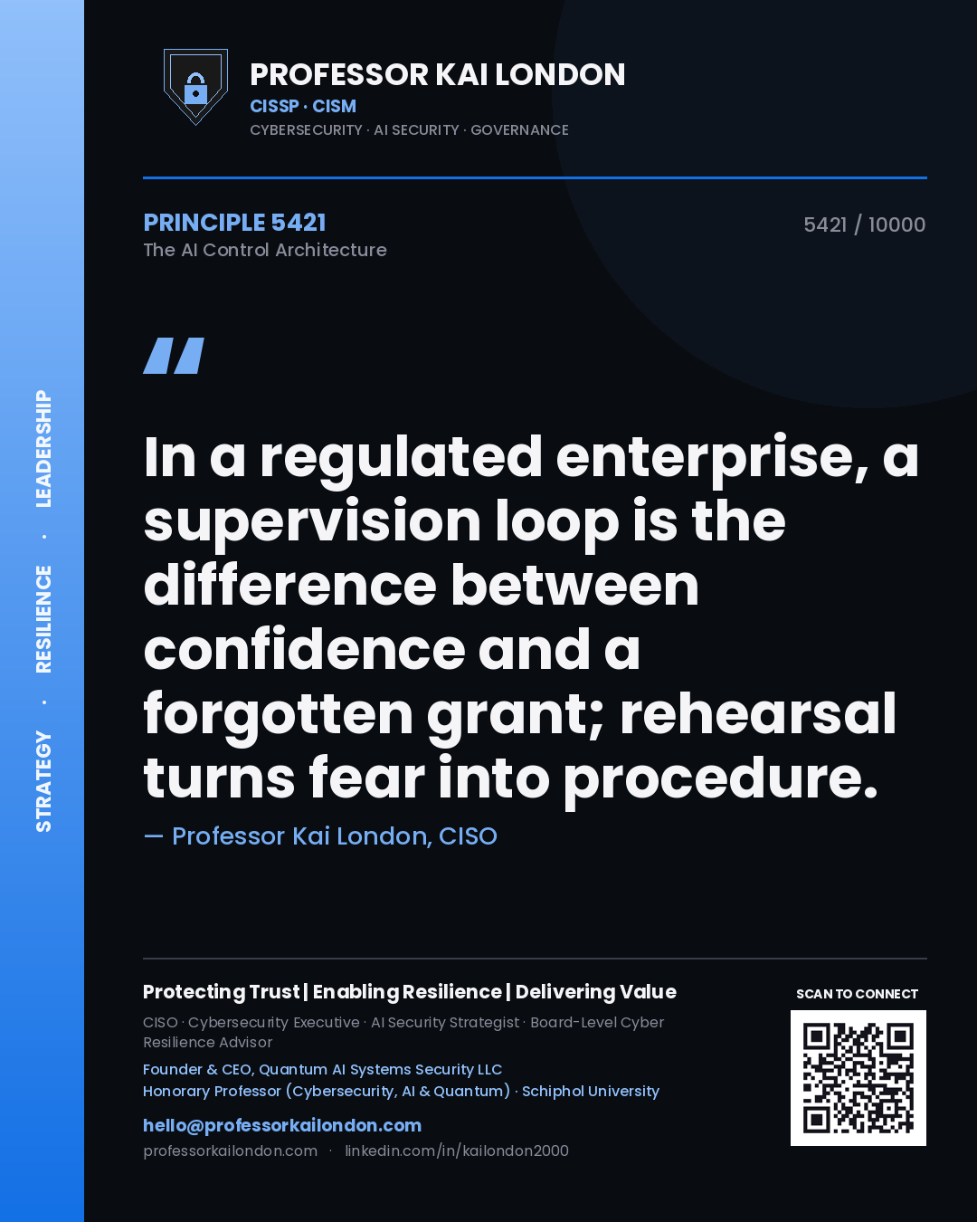 Professor Kai London principle 5421: In a regulated enterprise, a supervision loop is the difference between confidence and a forgotten grant; rehearsal turns fear into procedure.