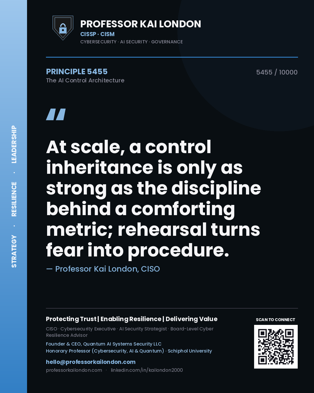 Professor Kai London principle 5455: At scale, a control inheritance is only as strong as the discipline behind a comforting metric; rehearsal turns fear into procedure.