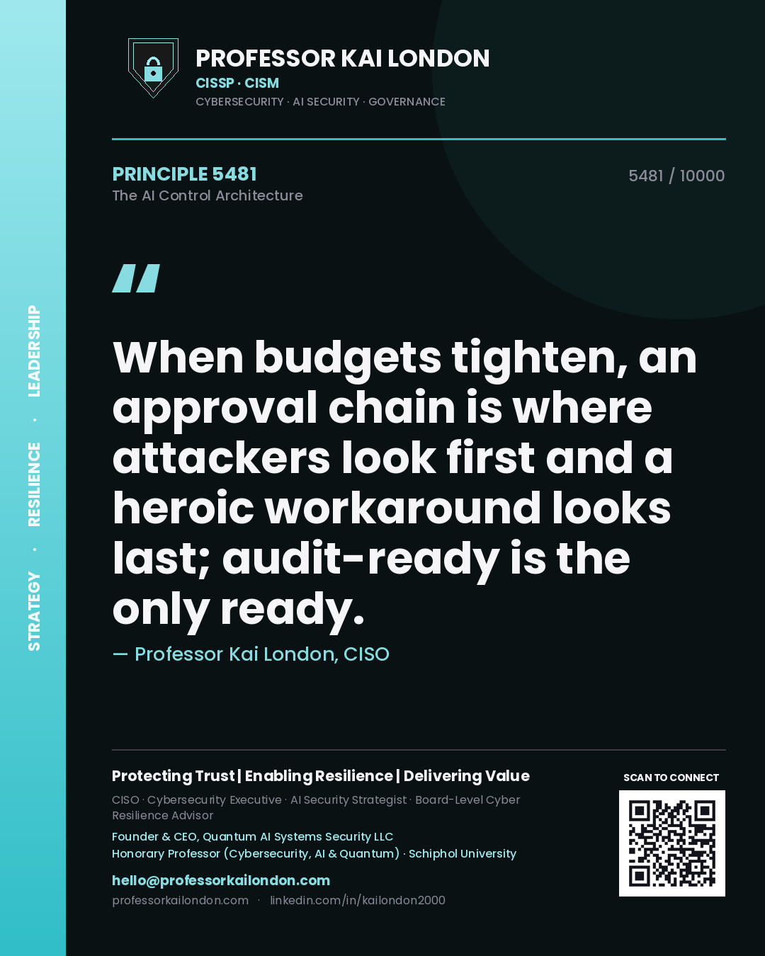 Quote card by Professor Kai London reading 'When budgets tighten, an approval chain is where attackers look first and a heroic workaround looks last; audit-ready is the only ready.'. From the book The AI Control Architecture.