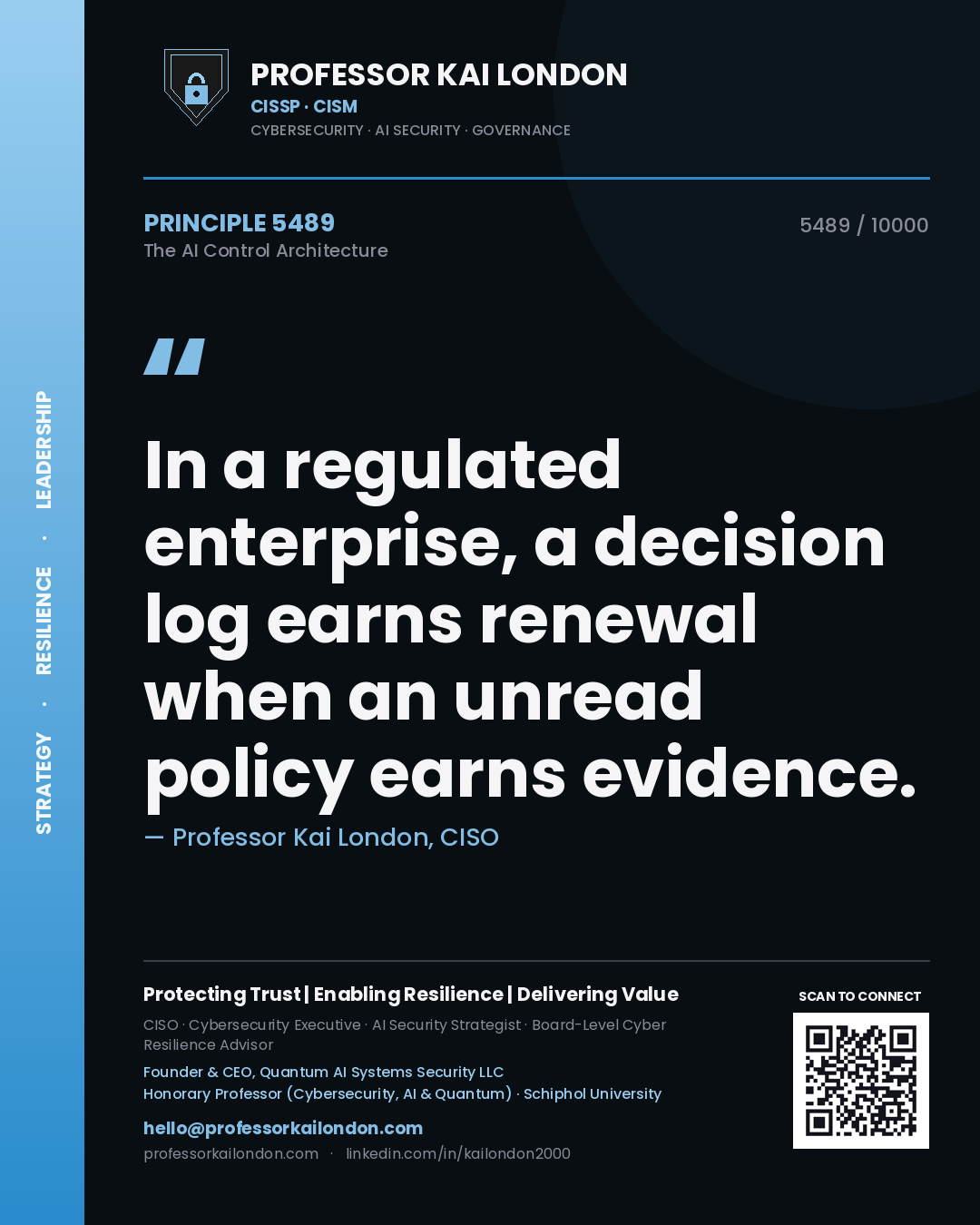 Quote card by Professor Kai London reading 'In a regulated enterprise, a decision log earns renewal when an unread policy earns evidence.'. From the book The AI Control Architecture.