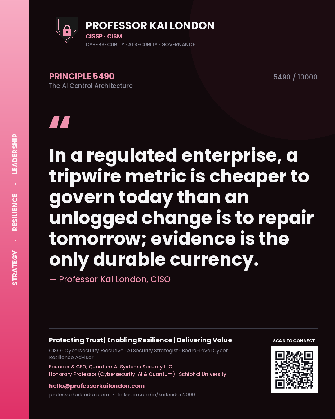 Professor Kai London principle 5490: In a regulated enterprise, a tripwire metric is cheaper to govern today than an unlogged change is to repair tomorrow; evidence is the only durable currency.