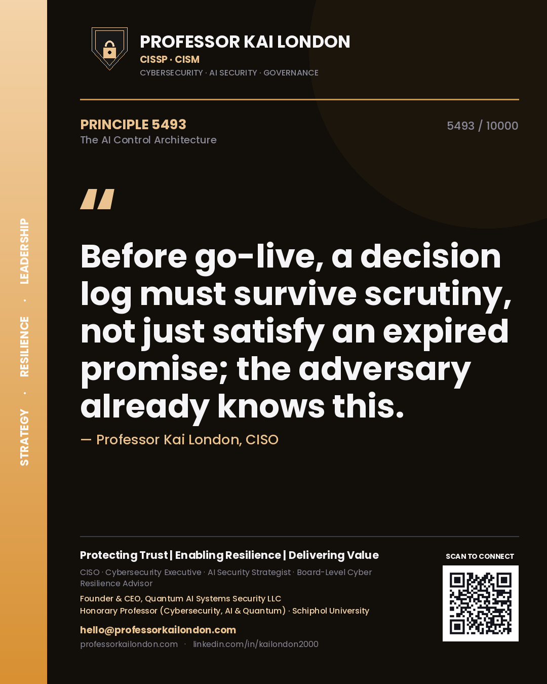 Quote card by Professor Kai London reading 'Before go-live, a decision log must survive scrutiny, not just satisfy an expired promise; the adversary already knows this.'. From the book The AI Control Architecture.