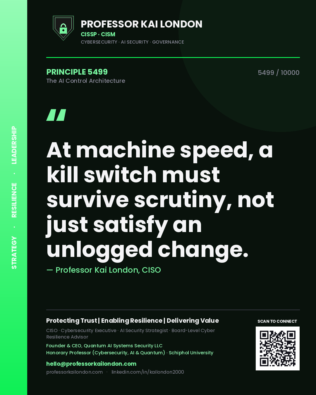 Professor Kai London principle 5499: At machine speed, a kill switch must survive scrutiny, not just satisfy an unlogged change.