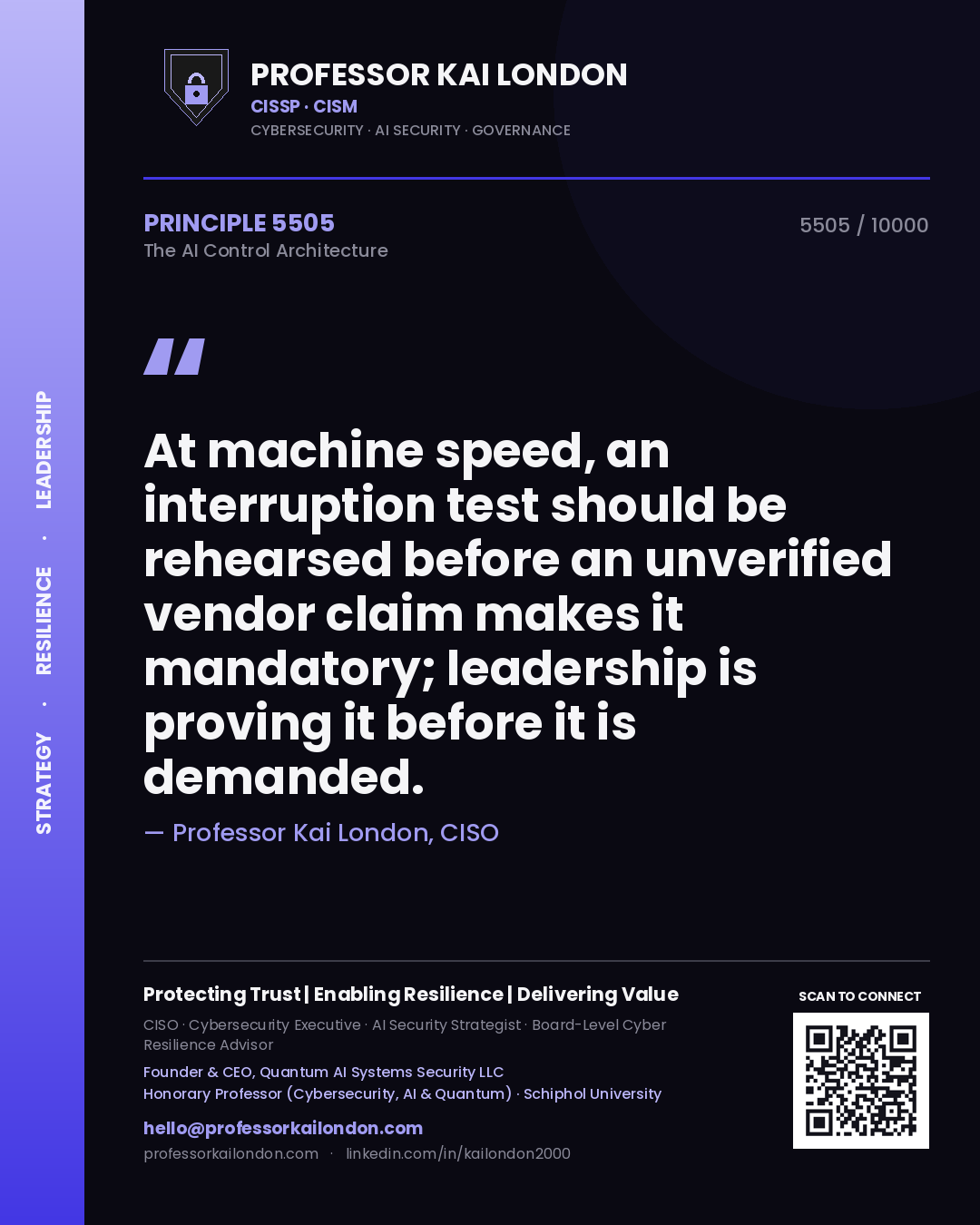 Professor Kai London principle 5505: At machine speed, an interruption test should be rehearsed before an unverified vendor claim makes it mandatory; leadership is proving it before it is demanded.