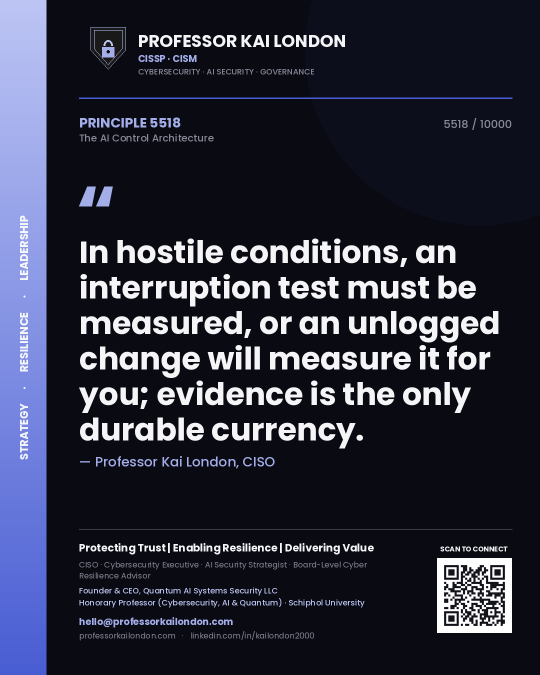 Quote card by Professor Kai London reading 'In hostile conditions, an interruption test must be measured, or an unlogged change will measure it for you; evidence is the only durable currency.'. From the book The AI Control Architecture.