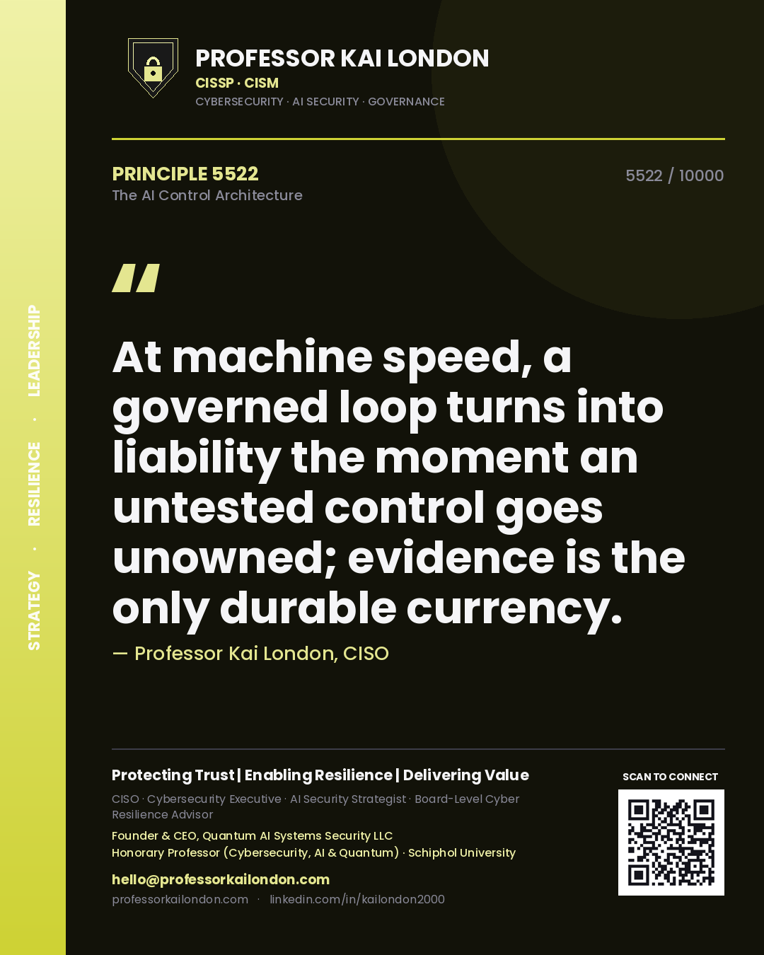 Quote card by Professor Kai London reading 'At machine speed, a governed loop turns into liability the moment an untested control goes unowned; evidence is the only durable currency.'. From the book The AI Control Architecture.