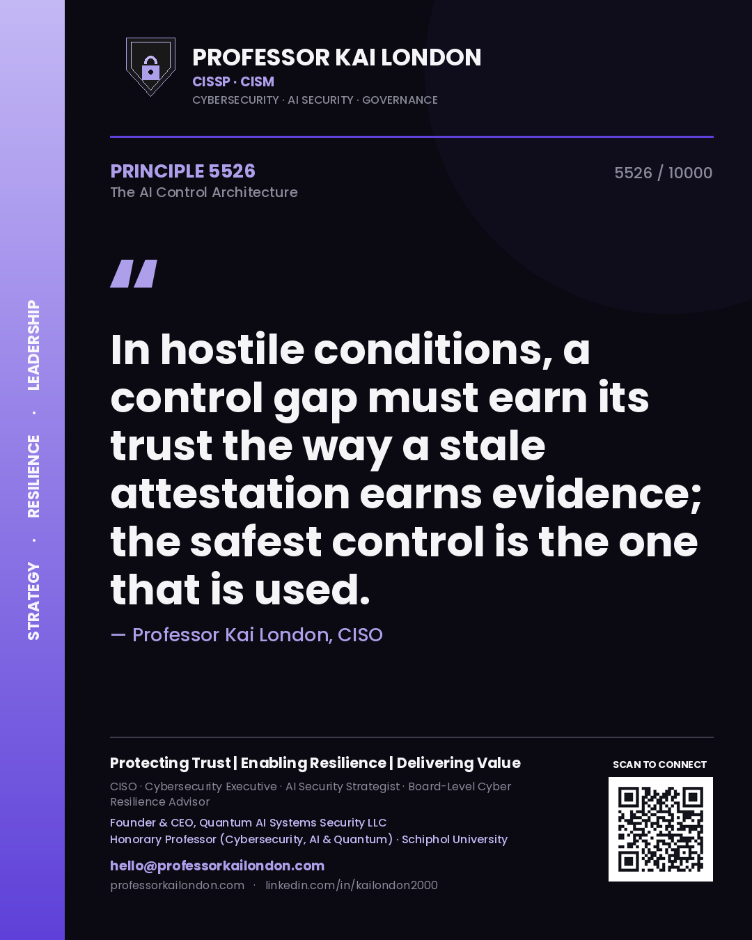 Professor Kai London principle 5526: In hostile conditions, a control gap must earn its trust the way a stale attestation earns evidence; the safest control is the one that is used.