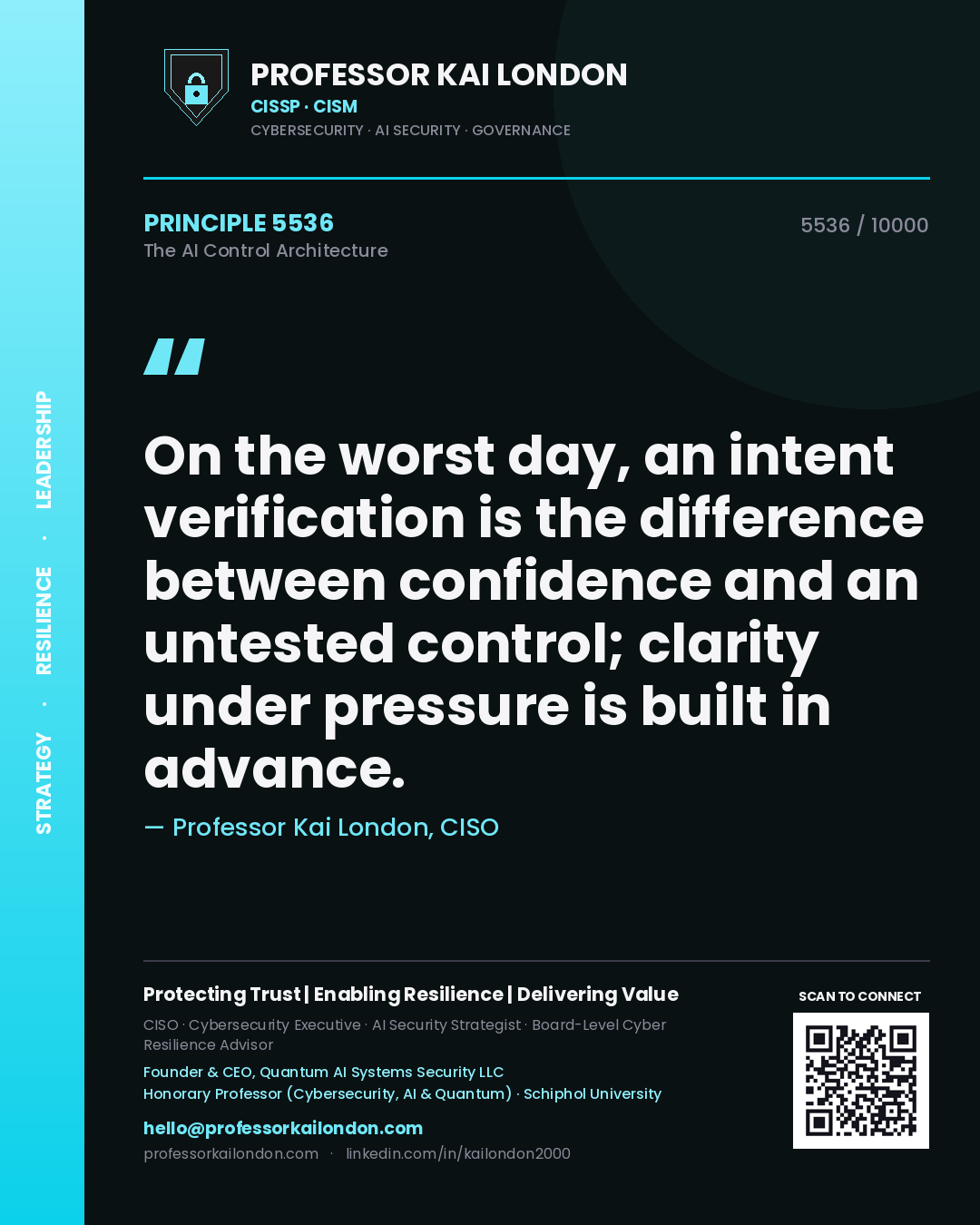 Professor Kai London principle 5536: On the worst day, an intent verification is the difference between confidence and an untested control; clarity under pressure is built in advance.