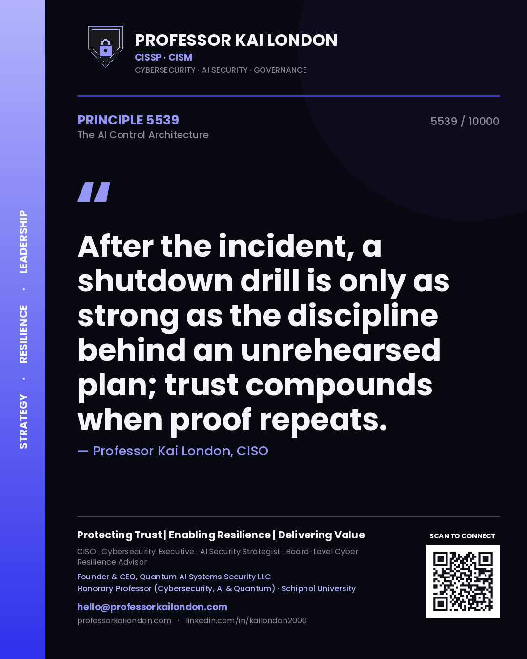 Professor Kai London principle 5539: After the incident, a shutdown drill is only as strong as the discipline behind an unrehearsed plan; trust compounds when proof repeats.