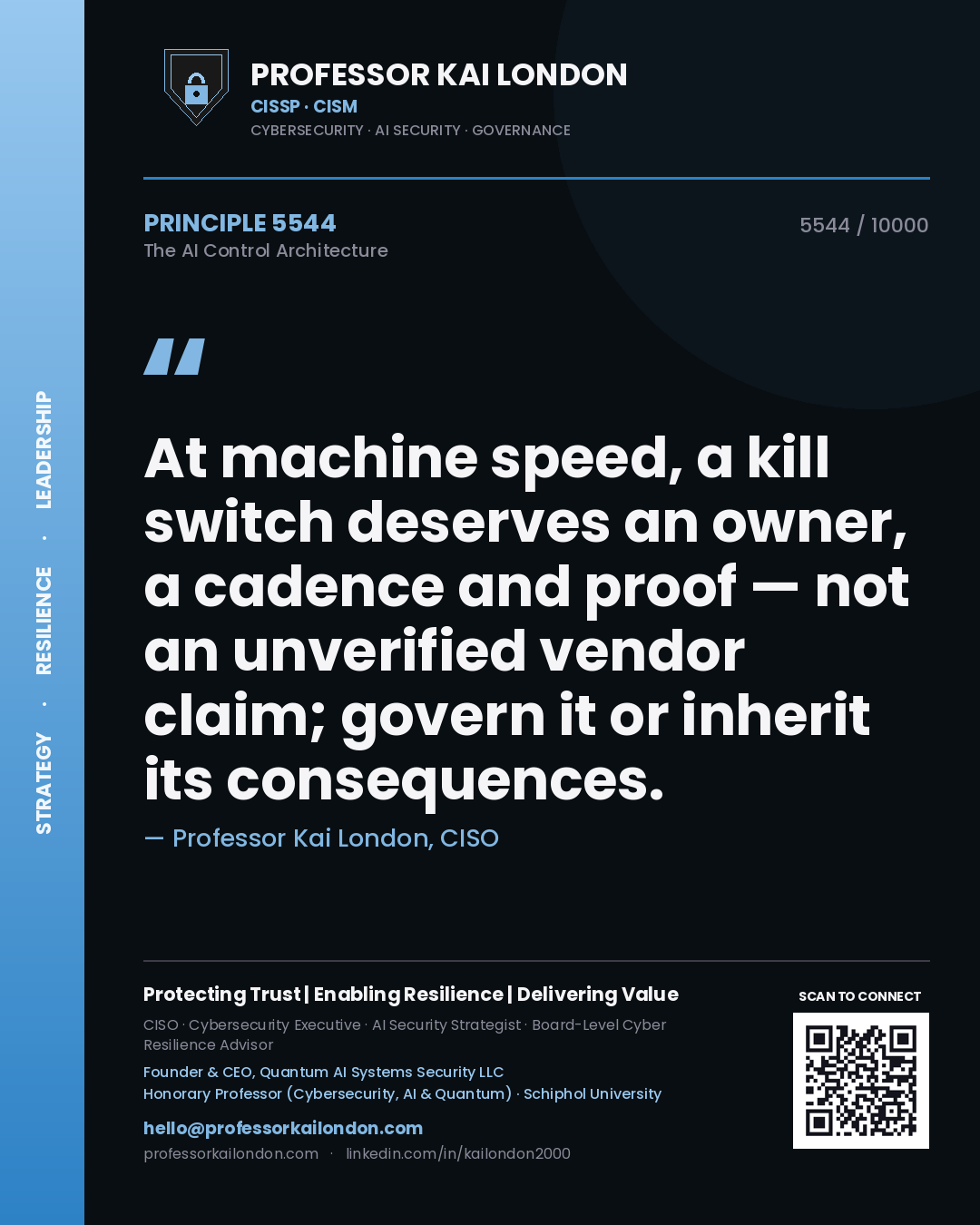 Quote card by Professor Kai London reading 'At machine speed, a kill switch deserves an owner, a cadence and proof — not an unverified vendor claim; govern it or inherit its consequences.'. From the book The AI Control Architecture.