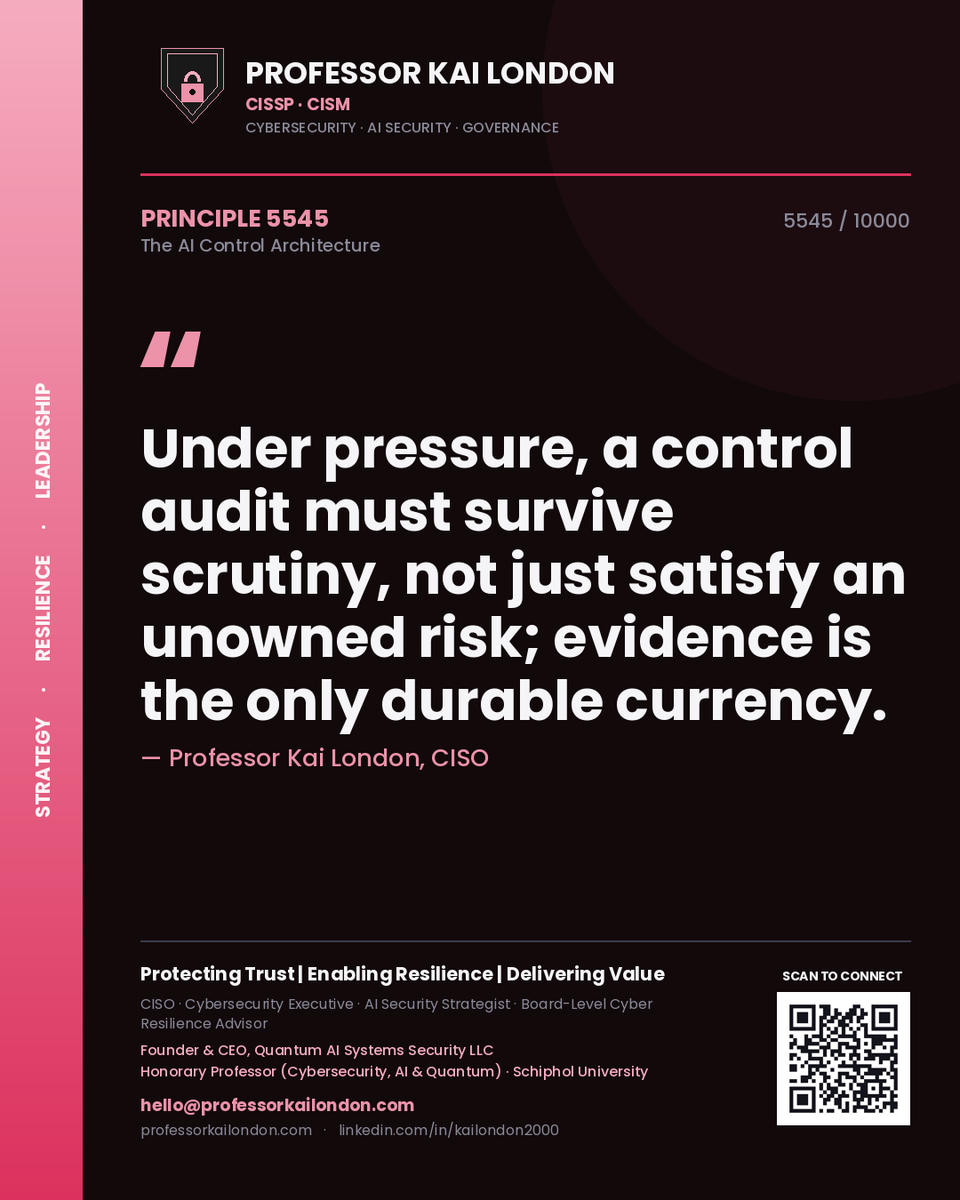 Professor Kai London principle 5545: Under pressure, a control audit must survive scrutiny, not just satisfy an unowned risk; evidence is the only durable currency.