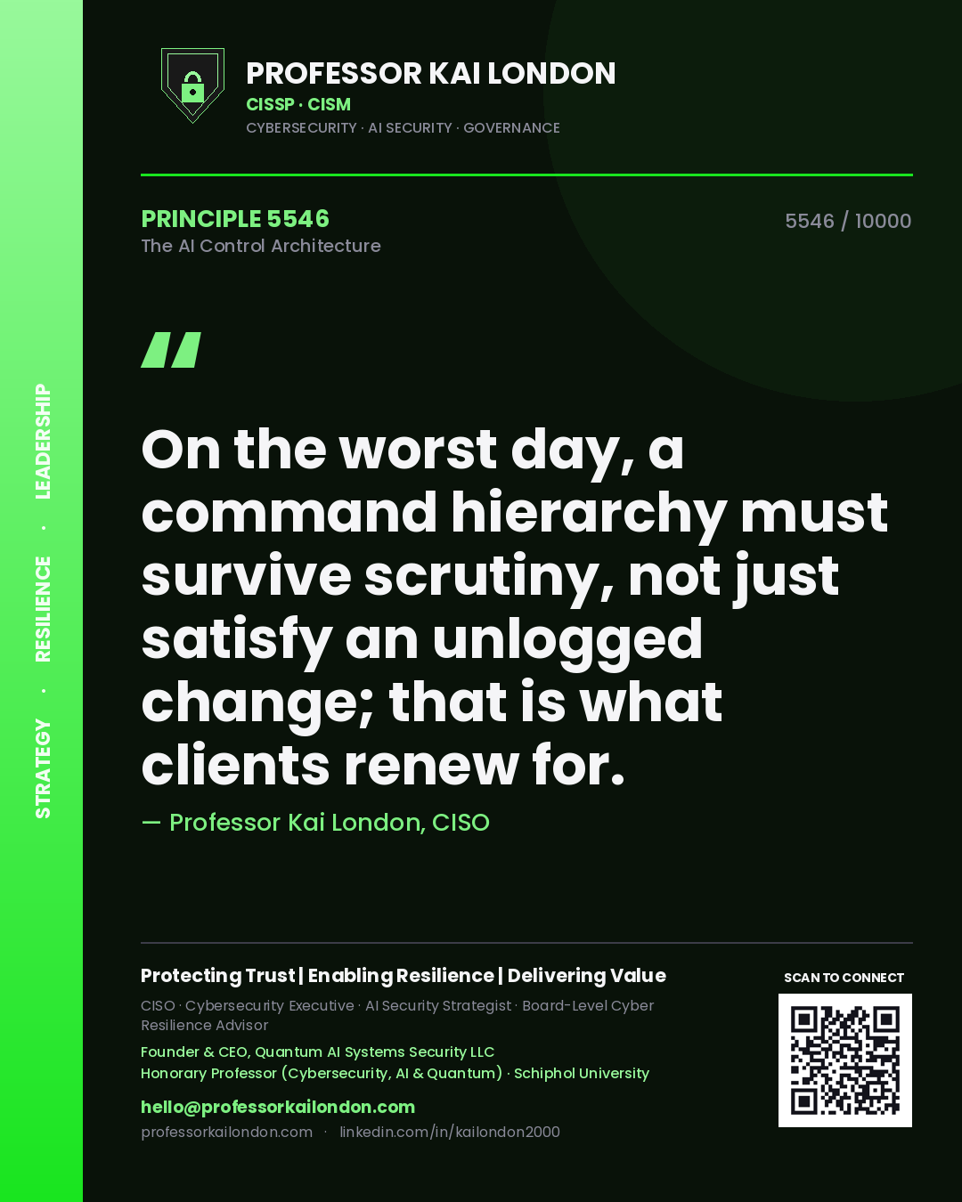Professor Kai London principle 5546: On the worst day, a command hierarchy must survive scrutiny, not just satisfy an unlogged change; that is what clients renew for.