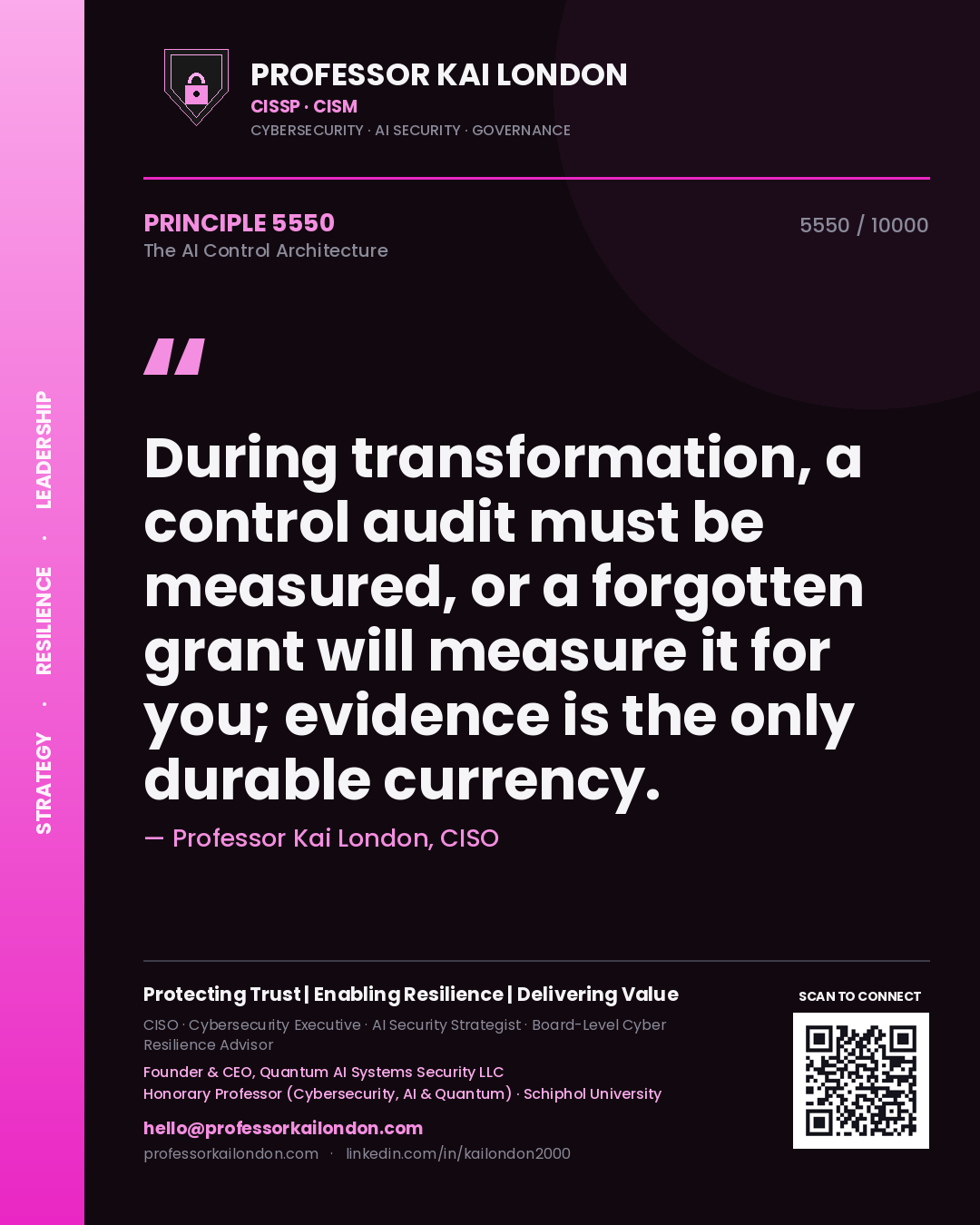 Professor Kai London principle 5550: During transformation, a control audit must be measured, or a forgotten grant will measure it for you; evidence is the only durable currency.